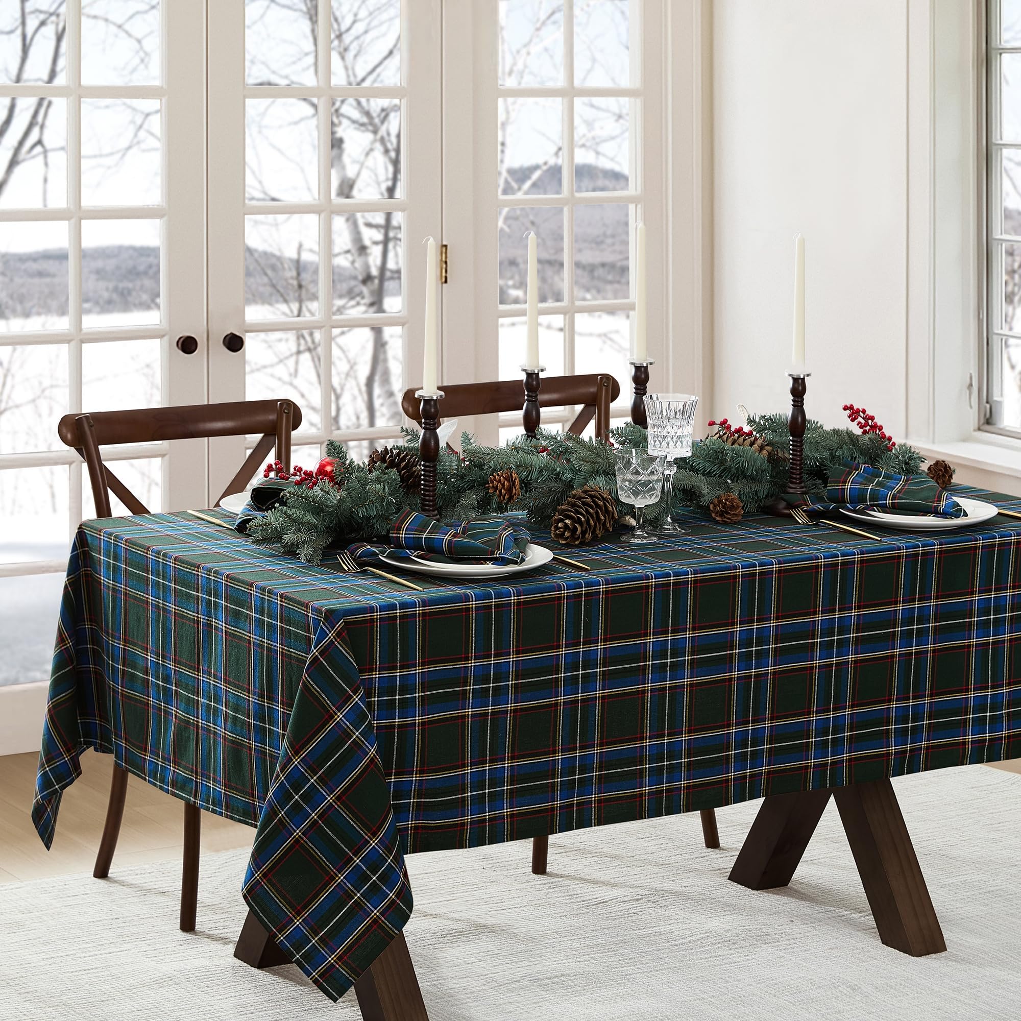 Elrene Home Fashions Stowe Tartan Holiday Plaid Christmas/Winter Cotton Rectangle Tablecloth, 52"x70", Green