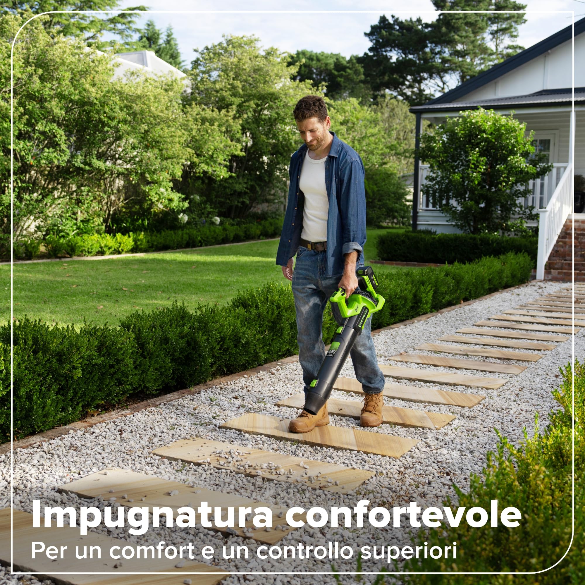 Greenworks Soffiatore a Batteria 24V Premium, Motore Brushless ad Alta Efficienza, 14,58 m³/min, 209 km/h, Tecnologia QUIETFORCE, Cruise Control – Solo Utensile BL24515A1