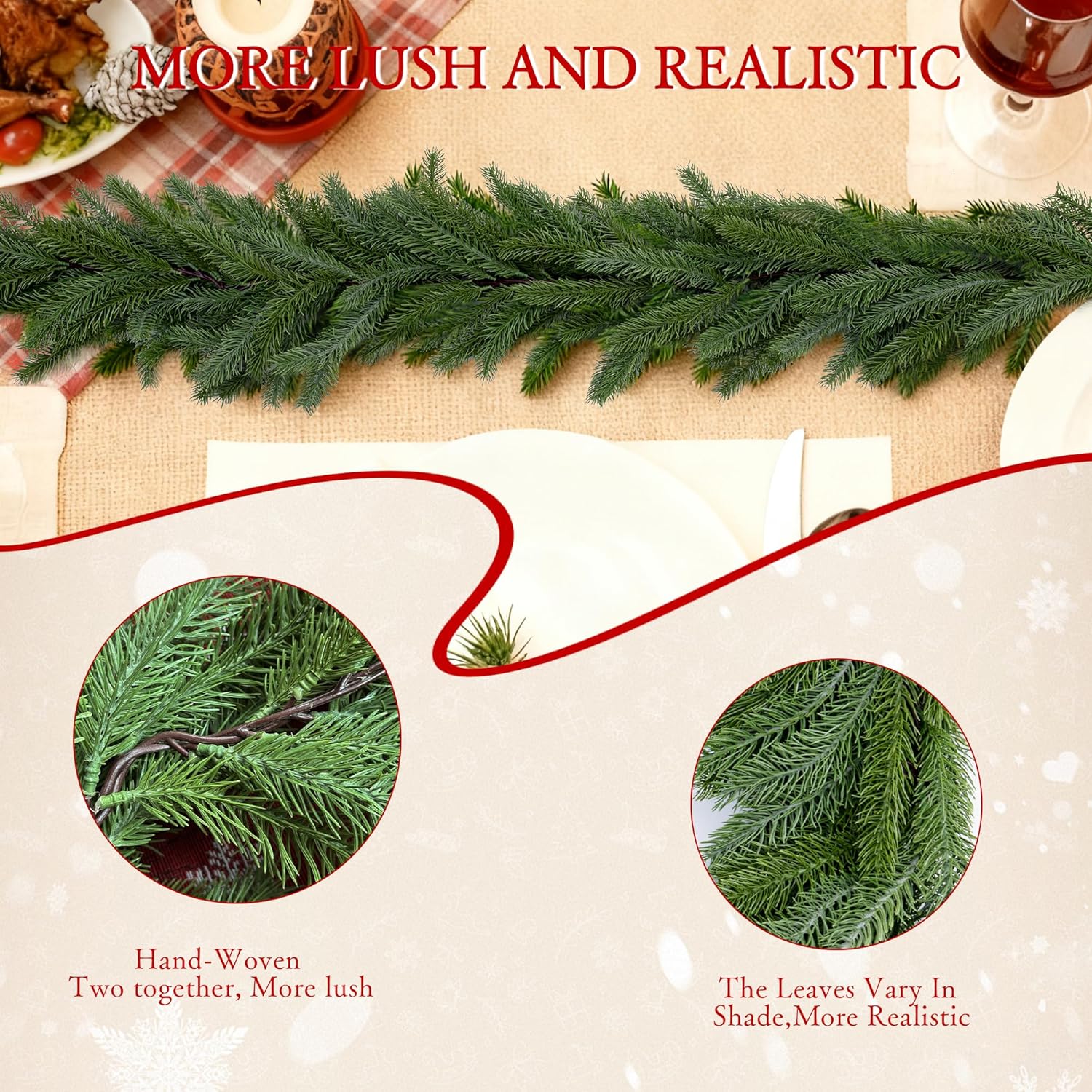 2 Pcs 6 Ft Realistic Christmas Norfolk Pine Garland-Long Artificial Greenery Christmas Decoration for Stairs,Table,Fireplace,Mantle,Indoor