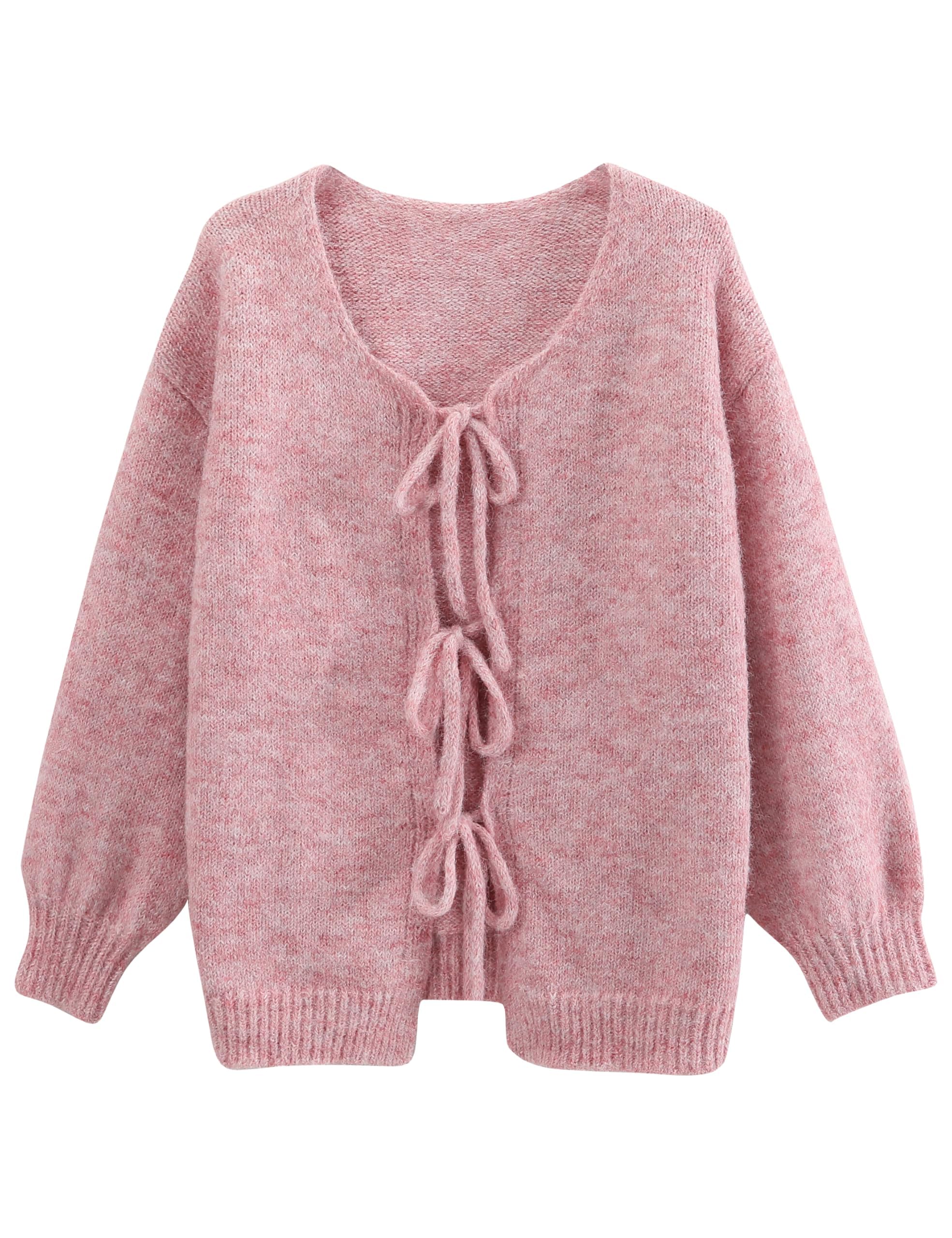 Lumister Cute Oversized Cardigan Sweaters for Women Y2K Long Sleeve V Neck Bow Tie Front Cadigan Knitwears Bow