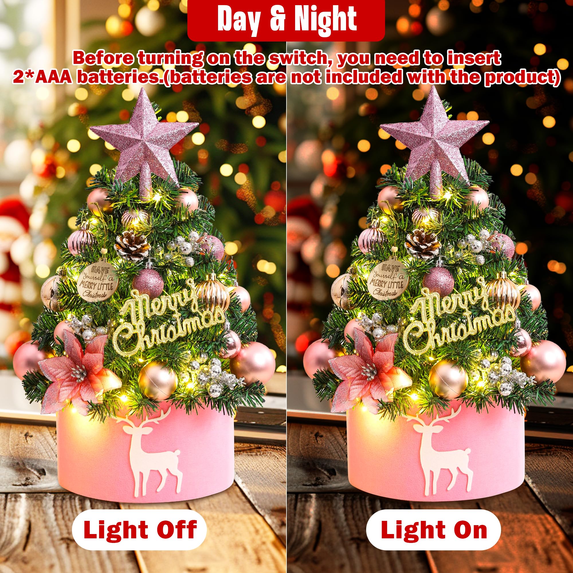 Mini Weihnachtsbaum mit Lichtern 45 cm Weihnachtskugeln Kugelschmuck Kleiner Weihnachtsbaum mit Stern als Baumspitze, Tannenzapfen für Weihnachten Büro, Esstischdekoration (Rosa)