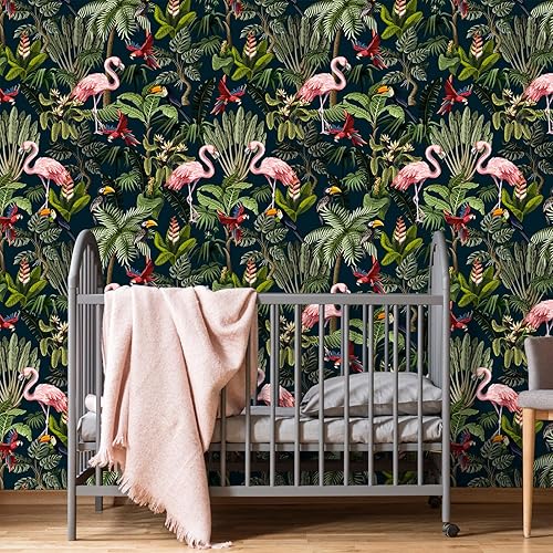 Miniatura 5 de VEELIKE Papel tapiz de animales exóticos de la selva de 17.7 x 354 pulgadas, removible, pájaros oscuros, tropicales, despegar y pegar, para