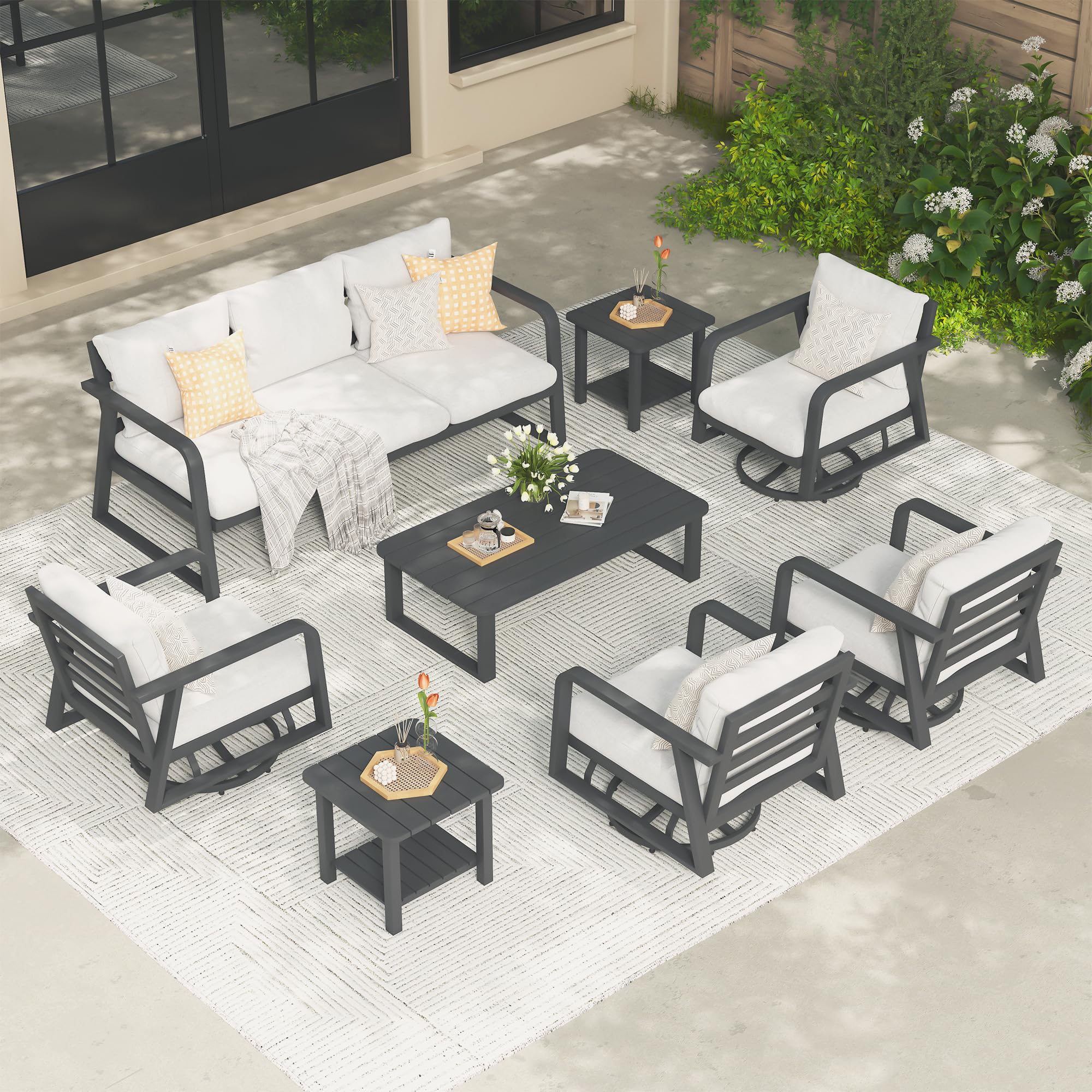Aluminum Patio Furniture Set,8-Piece Metal Patio Conversation Set with 4 Swivel Rocking Chairs,All-Weather Modern Outdoor Sectional Sofa for Lawn, Garden, Backyard, Balcony (Light Grey Cushions)