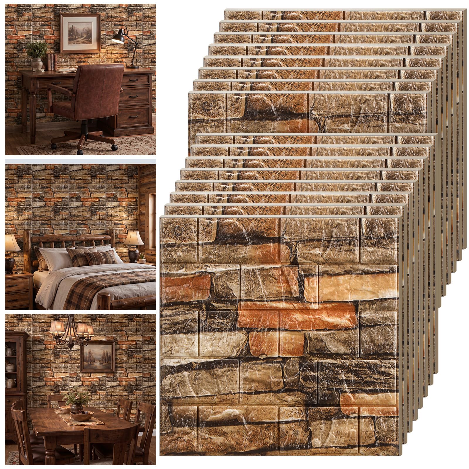 Tinlade 45 Pcs 3D Wall Panels Peel and Stick Wallpaper Foam, Rustic Brown