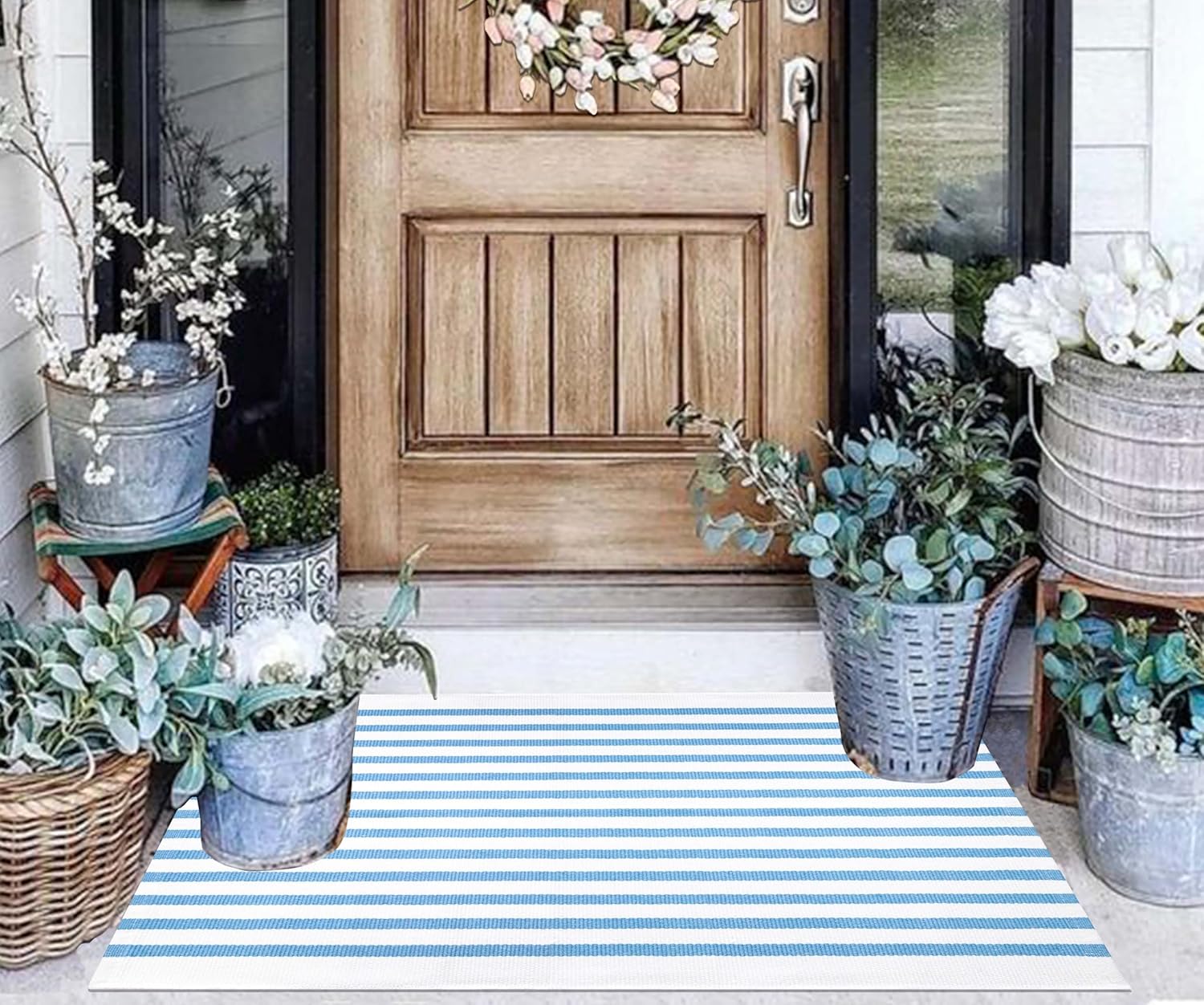 Light Blue White Outdoor Front Door Mat 24"x35",Cotton Woven Washable Striped Layered Doormat Indoor Outdoor Area Rug for Entryway Porch Decor Home Entrance