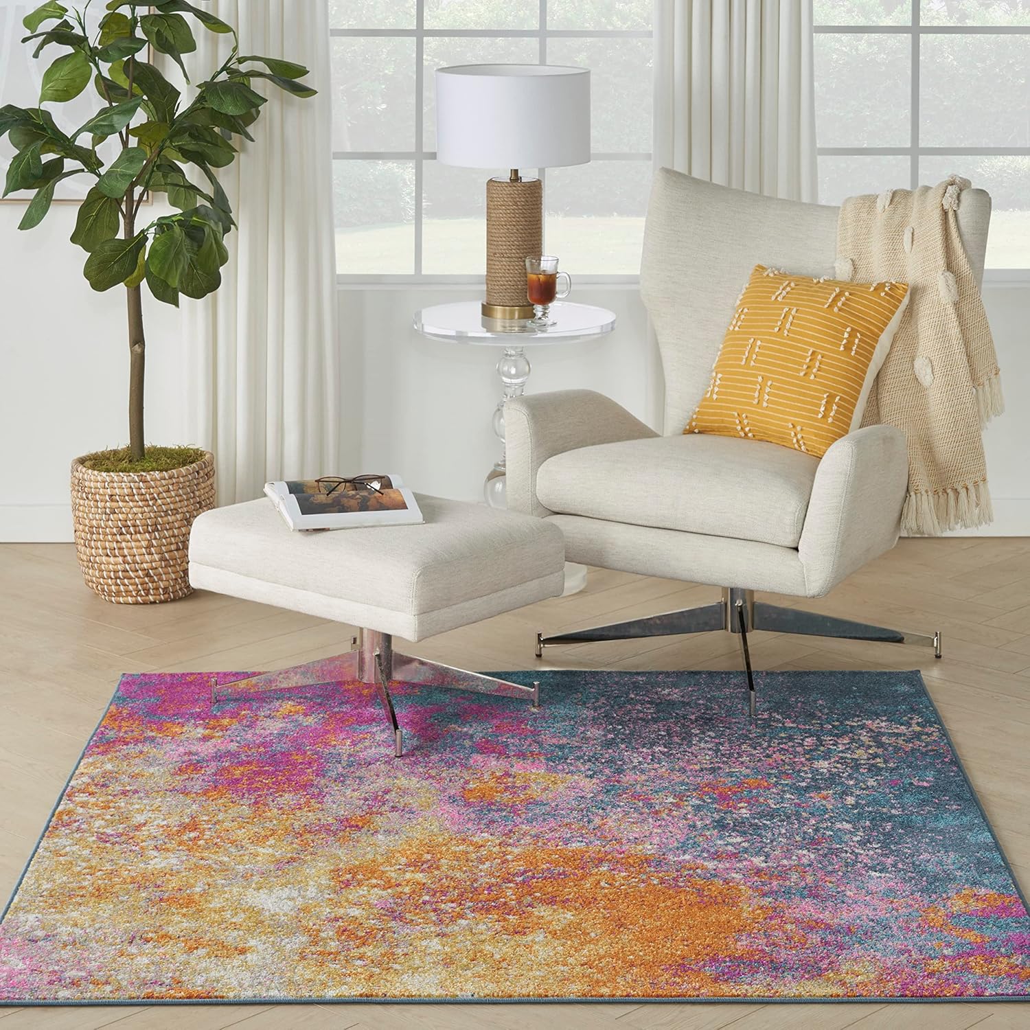 Nourison Home Passion Sunburst 5' x Square Area Rug - Easy Clean, Non Shedding, Bed Room, Living Room, Dining Room, Kitchen (5' x Square)