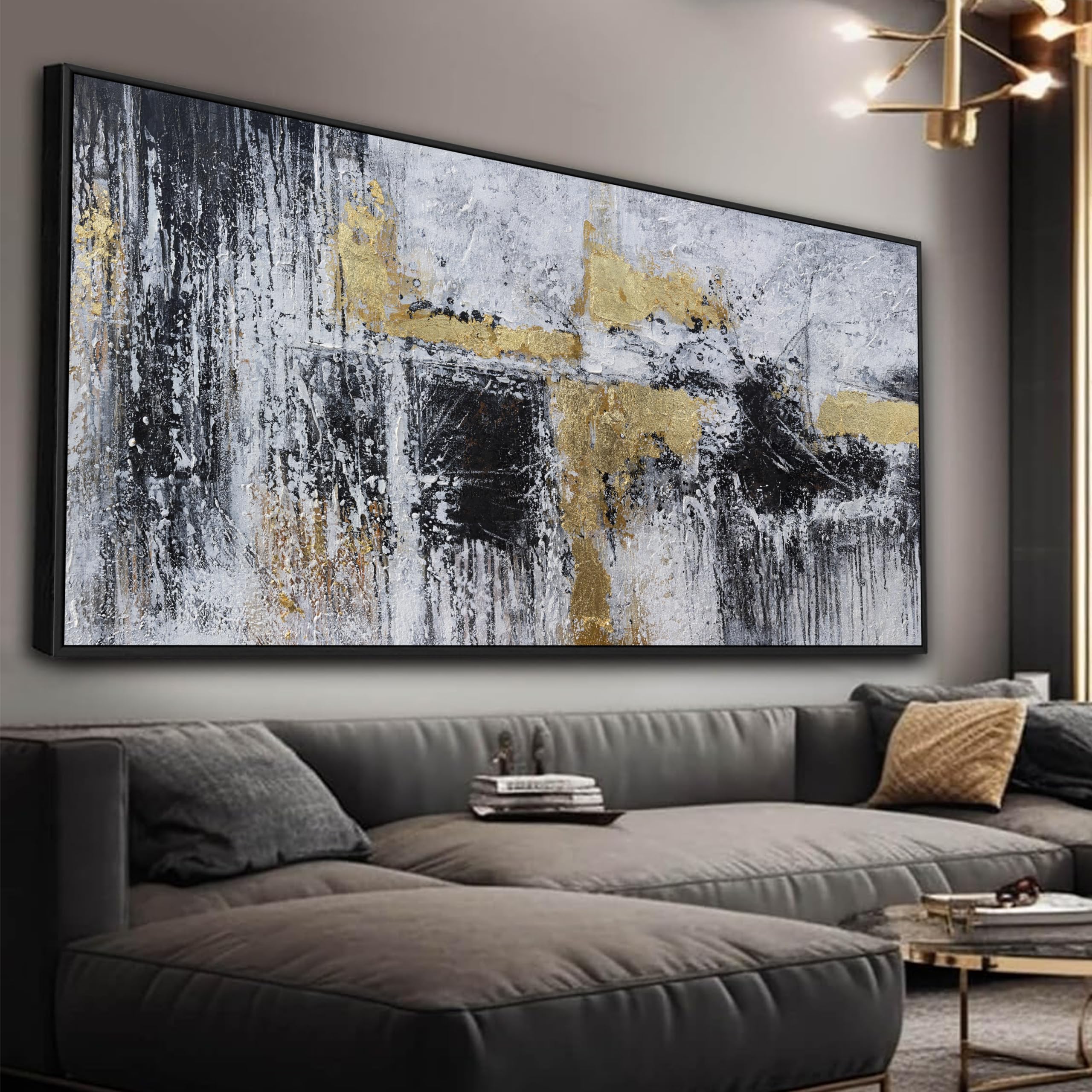 Abstract Wall Art Small Size Black And Gold Modern Minimalist Artwork Framed Home Artwork Decor Modern Minimalist Canvas Painting Living Room Decor For Bedroom Office Wall Decor 20"X40"