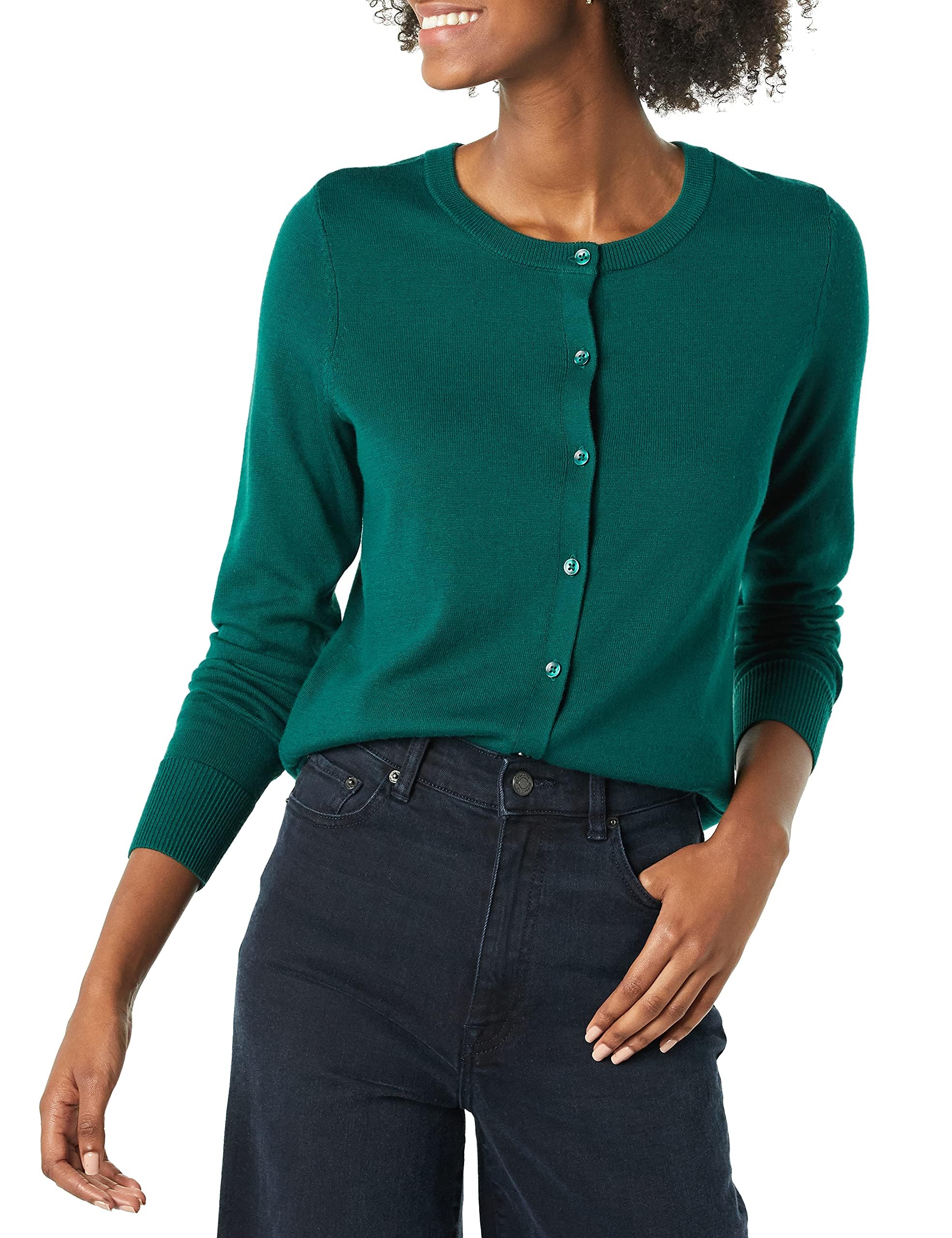 Amazon Essentials Damen Leichte Rundhalsstrickjacke (Erhältlich In Übergröße), Dunkelgrün, M