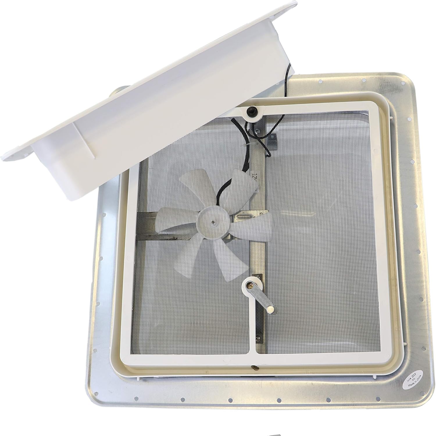 classAcustoms 14" RV Roof Vent 12 Volt Powered Fan w/White Wedge Style Lid - 3" Garnish Ring | 71112A-3G