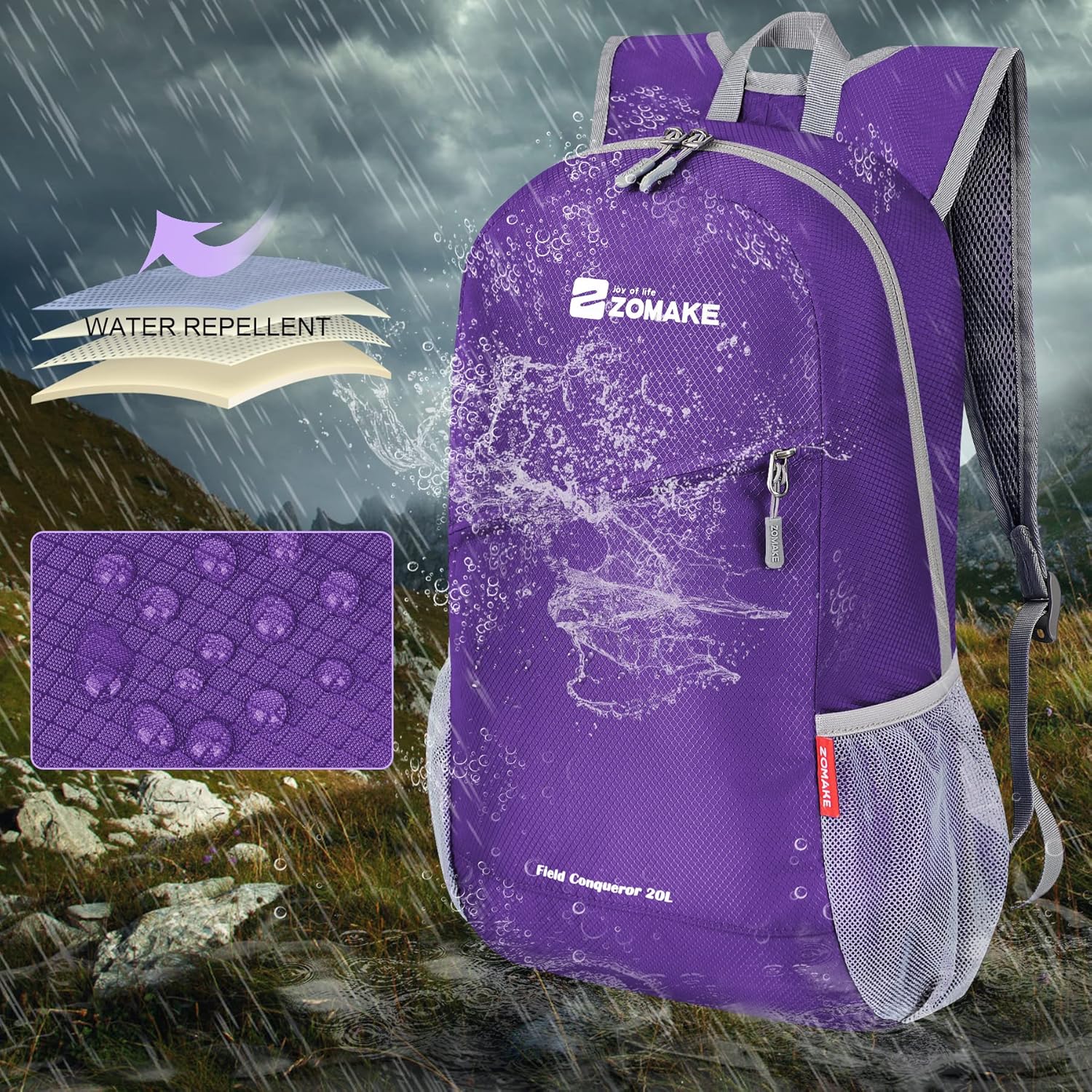 ZOMAKE Lightweight Packable Backpack 20L - Foldable Backpack Small Daypack Hiking Backpack Water-Resistant Day Bag for Travel(Purple) - Image 5