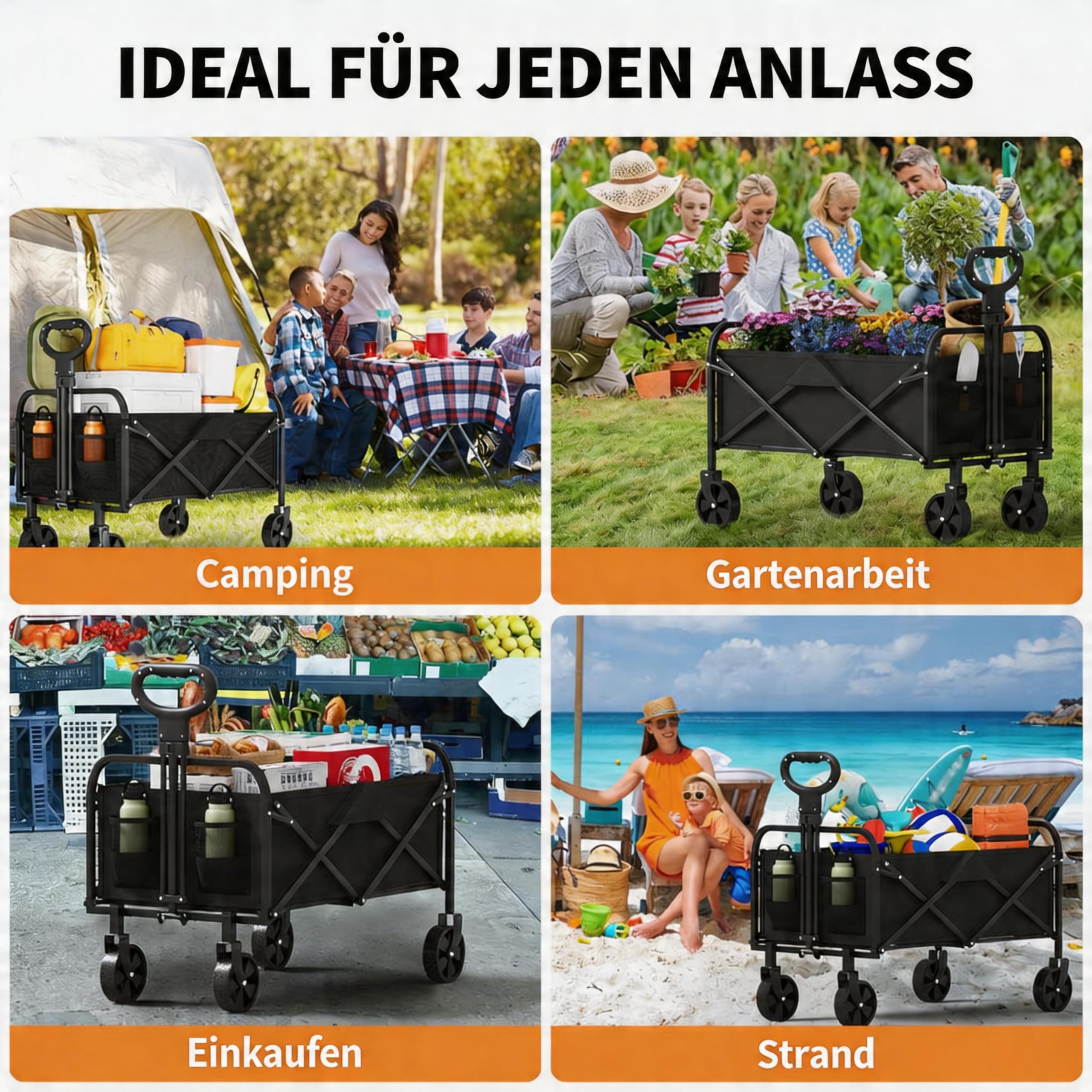 Bollerwagen Faltbar, 100kg Belastbar & 100L Volumen, Handwagen | Mit 360°Drehbaren Rädern, Für Jedes Gelände, Wasserabweisender Strandwagen Für Strand, Camping & Garten
