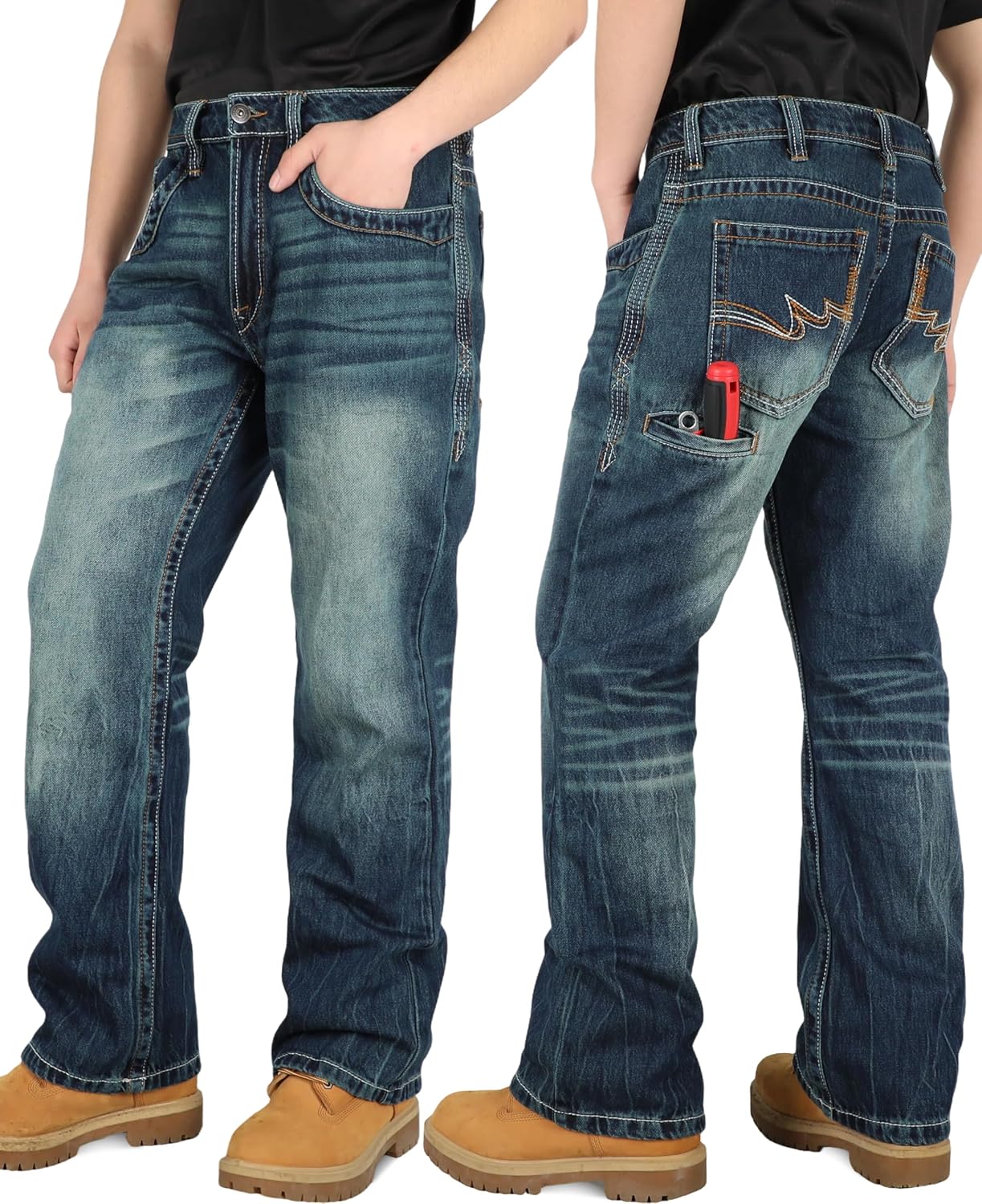 BOCOMAL Non FR - Men's Work Jeans with Side Pocket Relaxed Fit Boot Cut EX-Soft Denim Fashion Washed Work Pants