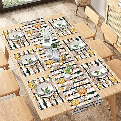 ArtSocket Juego de 6 manteles individuales y camino de mesa de rayas de calabaza, arce otoño, Halloween, Acción de Gracias, naranja y blanco,