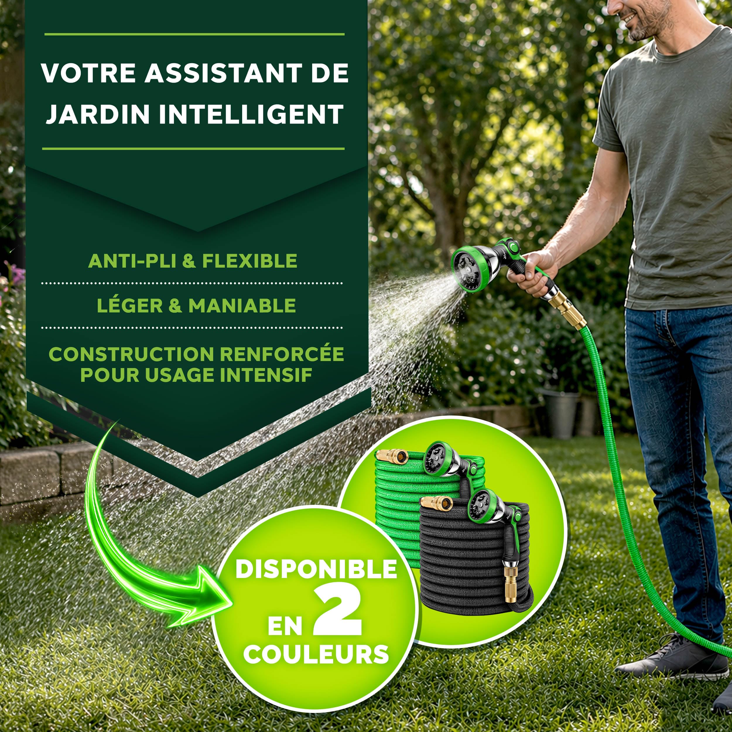 TRESKO® Tuyau d'arrosage Flexible et Extensible pour Jardin | Extensible | avec 3 Embouts en Latex | Tuyau d'arrosage rétractable (Vert, 15m)
