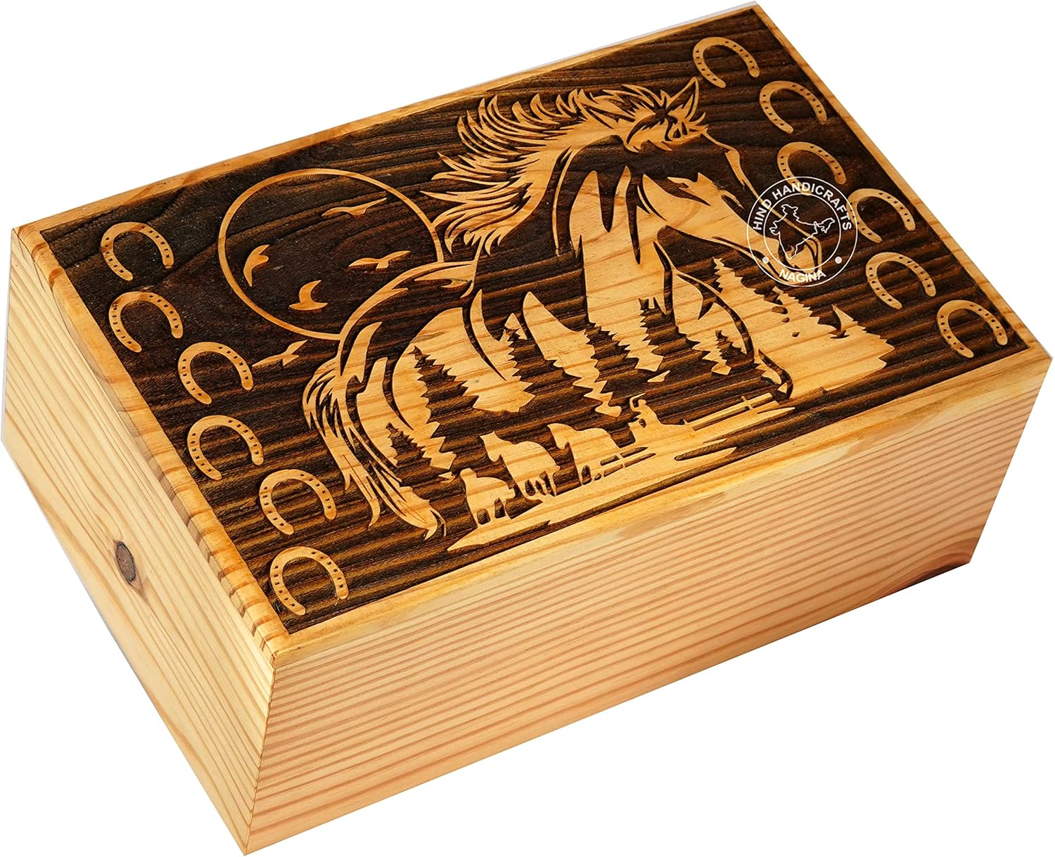 Handcrafted Rising Sun Wooden Cremation Urns for Human Ashes Adult Large - Tree of Life Funeral Urn Box - Horse Burial Urns for Columbarium (250 LB - Pinewood, Horseshoe)