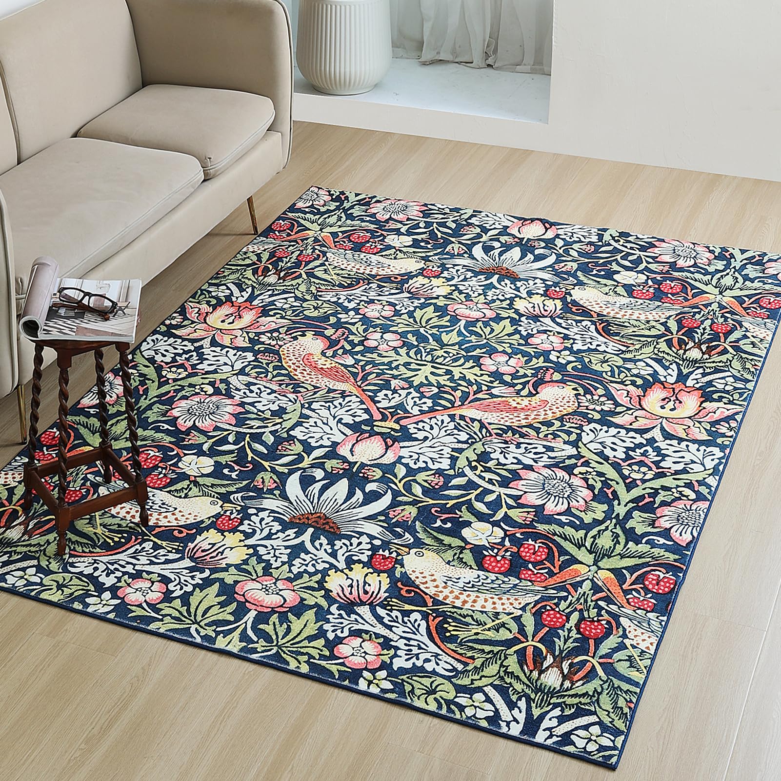 Obal Washable Rugs Living Room 120x170cm, William Morris Strawberry Thief Vintage Rug, Green Non Slip Low Pile Rug for Bedroom, Soft Faux Wool Machine Washable Floral Carpet