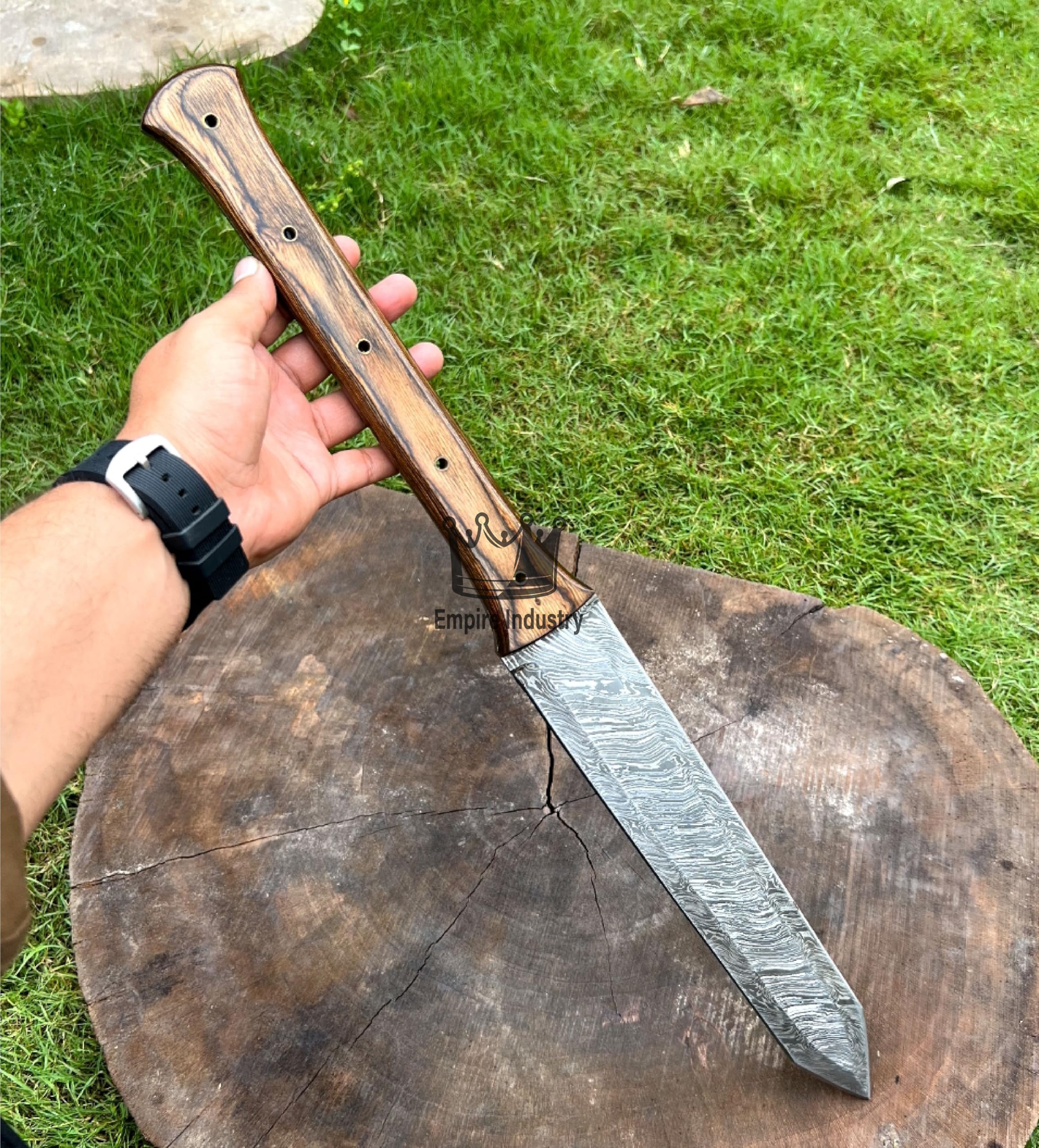 Empire - 21 Inch Long Full Tang Short Spear - Handmade Damascus Steel Hunting Spear With Sheath - Stained Wood Grip - Hand Forged