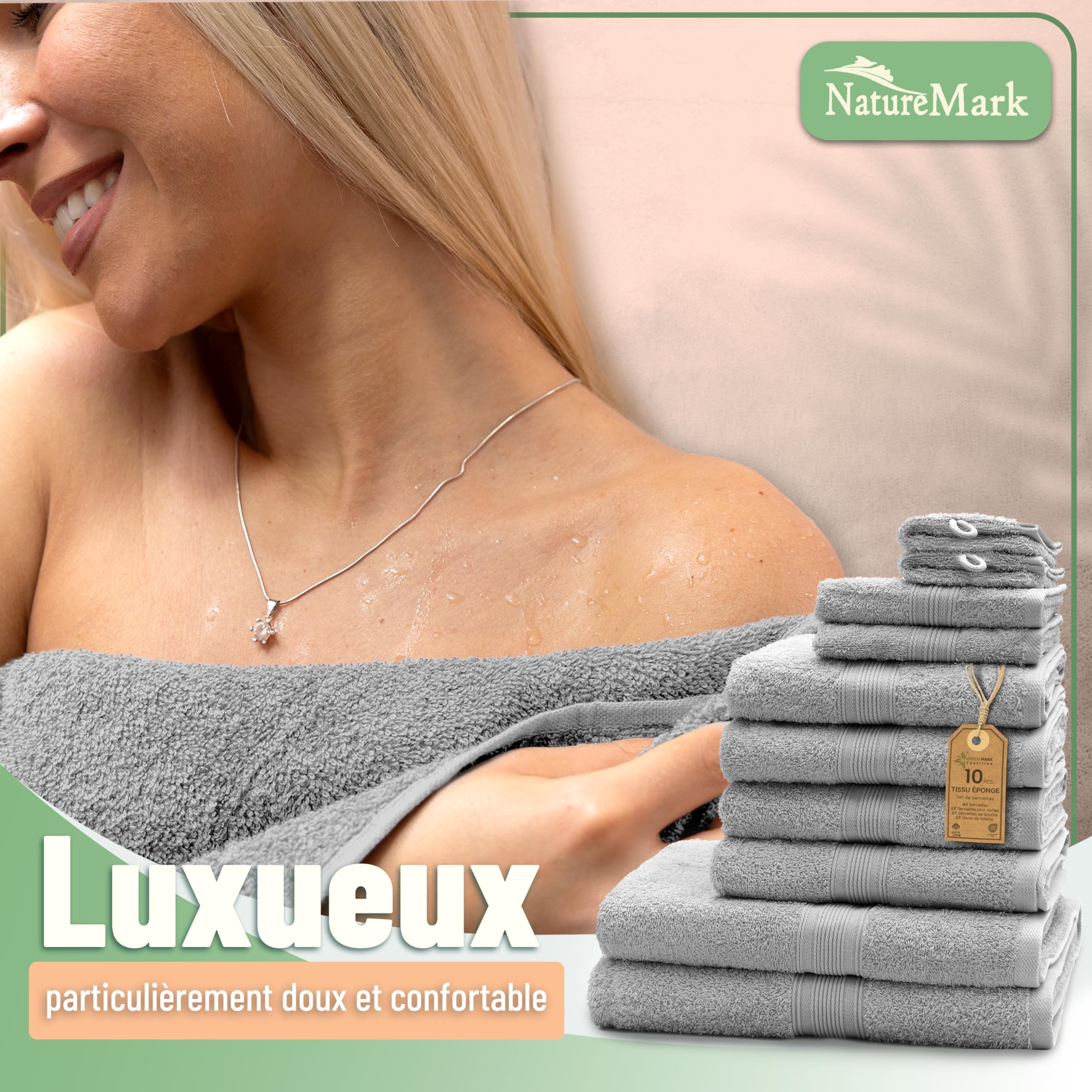 Green Mark Lot de 10 Serviettes 100% Coton – 4 de Main 50×100, 2 de Douche 70×140, 2 d’invités 30×50 et 2 Gants de Bain - Gris Argenté