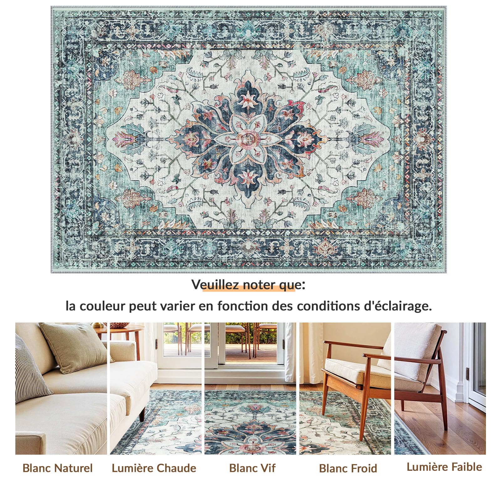 INOVADAY Tapis de Salon Lavable en Machine 150x210 cm Vintage à Faible Poil Antidérapant avec Motif Imprimé Tapis Chambre pour la Chambre à Coucher, Le Bureau à Domicile, Bleu/Vert/Marine/Rouge