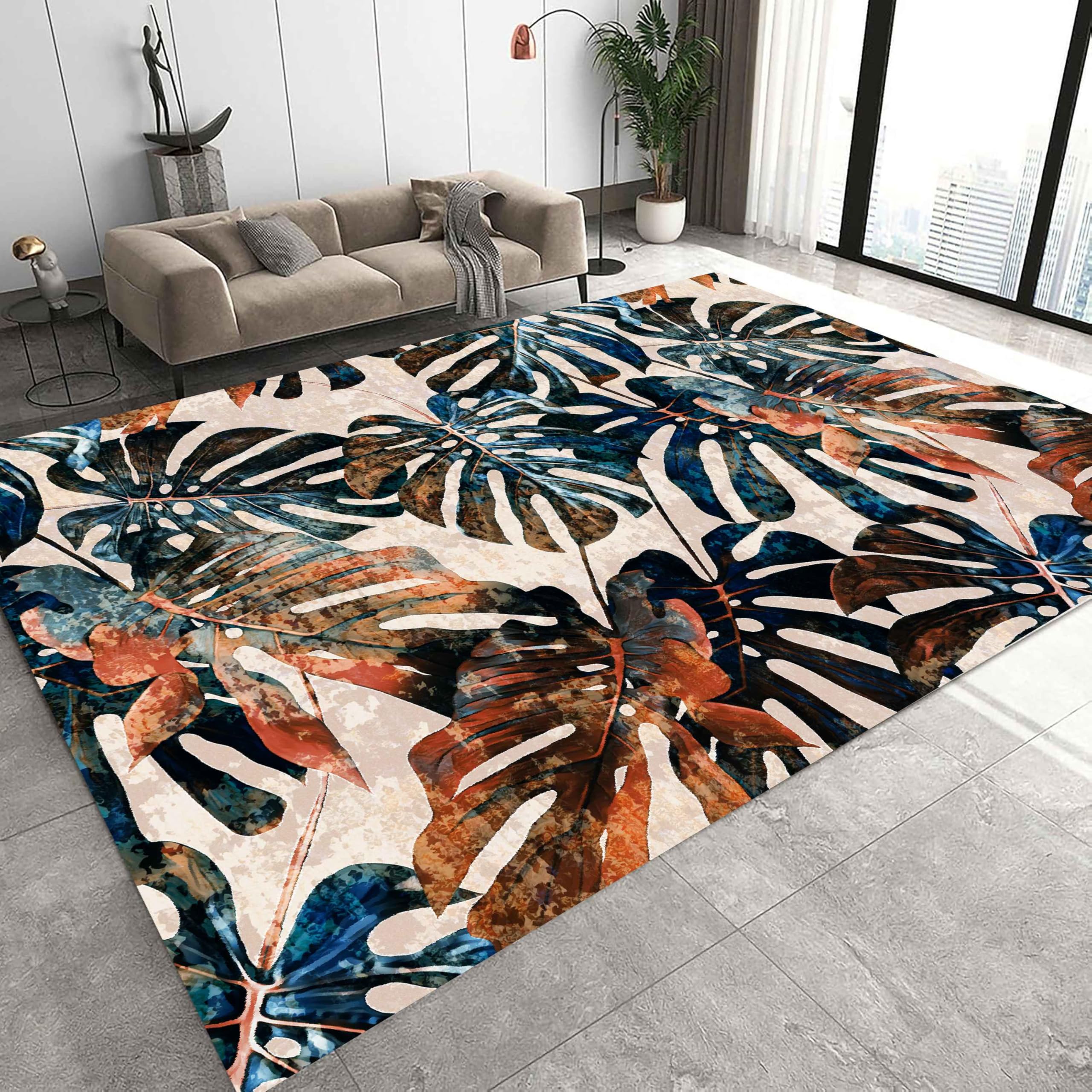 Kuluoits Middle Ages Abstract Rug 180x300cm Blue Orange Monstera Leaf Area Rug, Tropical Plant Graffiti Indoor Non-Slip Rugs, Soft Washable Carpet for Family and Pet Living Room Sofa Bedroom Balcony