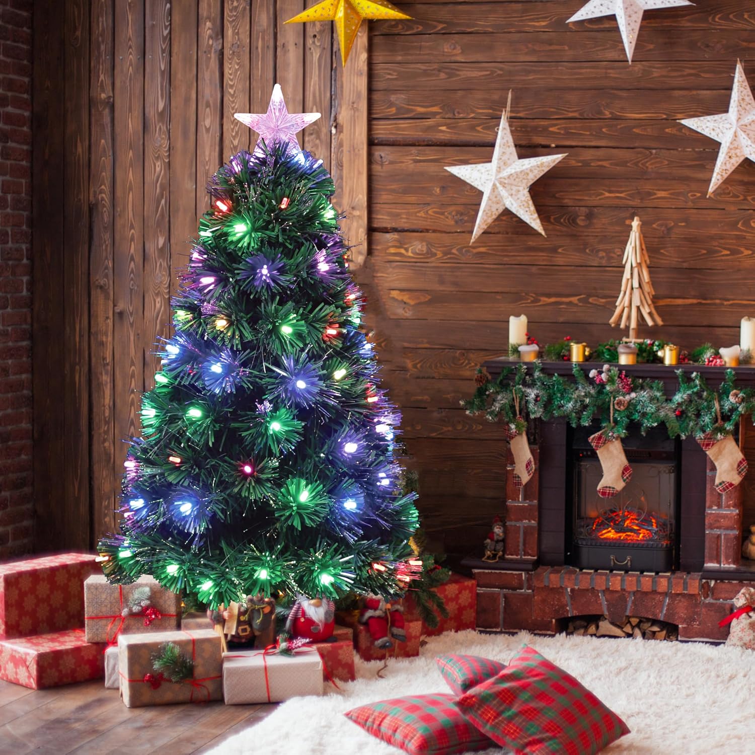 LAMPHOME 3FT Pre-Lit LED Christmas Tree, Fiber Optic Artificial Xmas Tree Top Star, Foldable Metal Base, Multi Color Fiber Optic Tree for Indoor Holiday Home Decoration(Dual Color Blub)