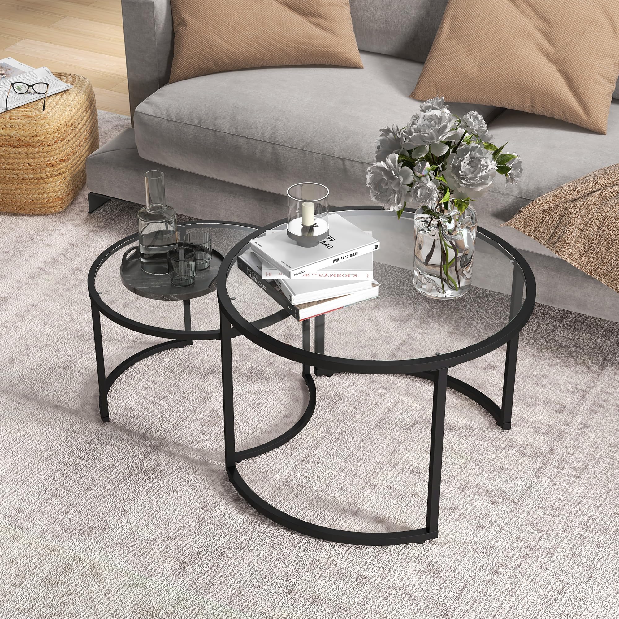 HOMCOM Set di 2 Tavolini da Caffè Impilabili Ø70x47.5cm e Ø54x42.5cm Nero | Sovrapponibili, Tavolini Bassi Rotondi da Salotto, Vetro Temperato e Acciaio, per Soggiorno Camera e Ufficio
