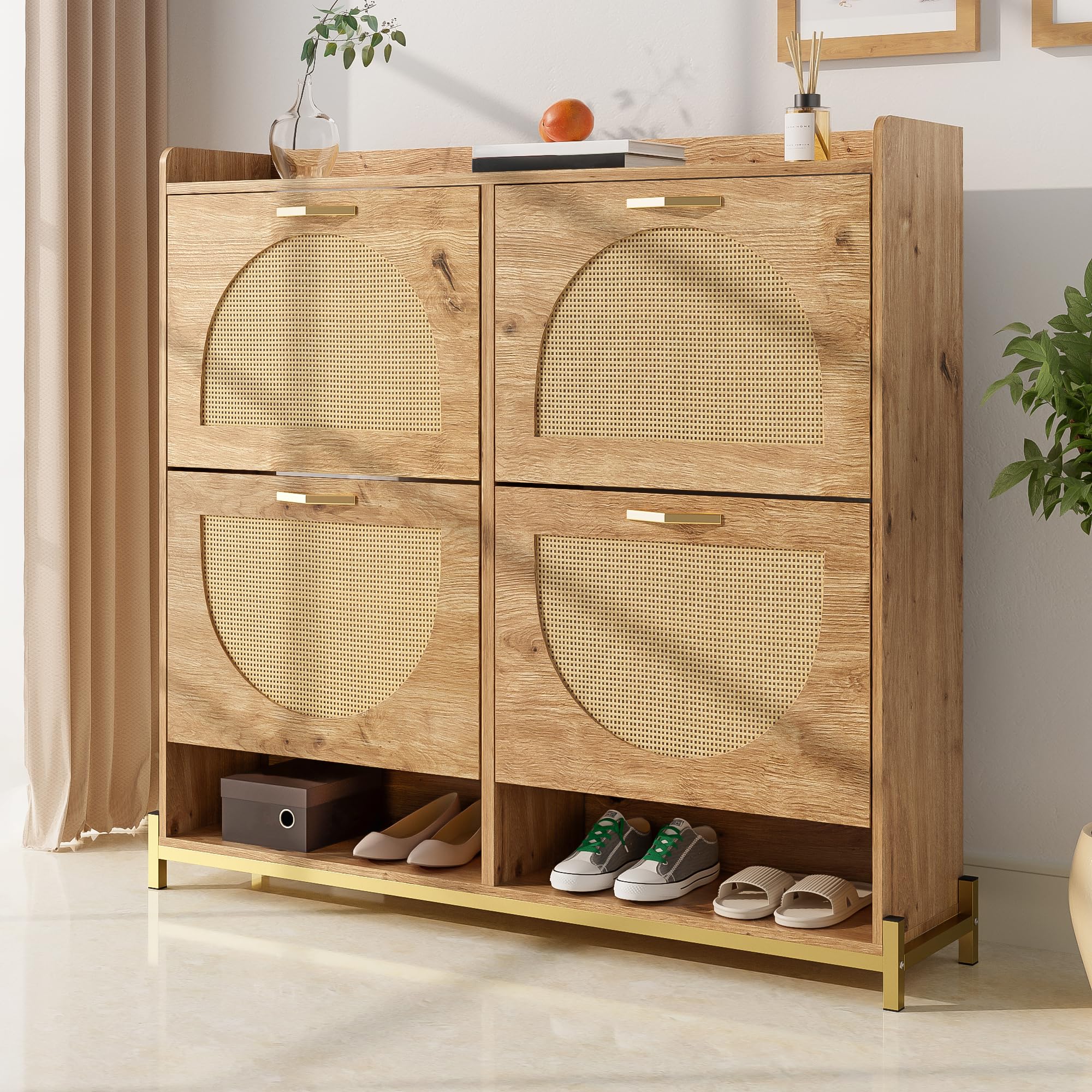 BTM Moderner Schuhschrank mit Rattantüren Schuh Schrank aus Holzl Schuhkipper, Metallrahmen, Sideboard Flurmöbel