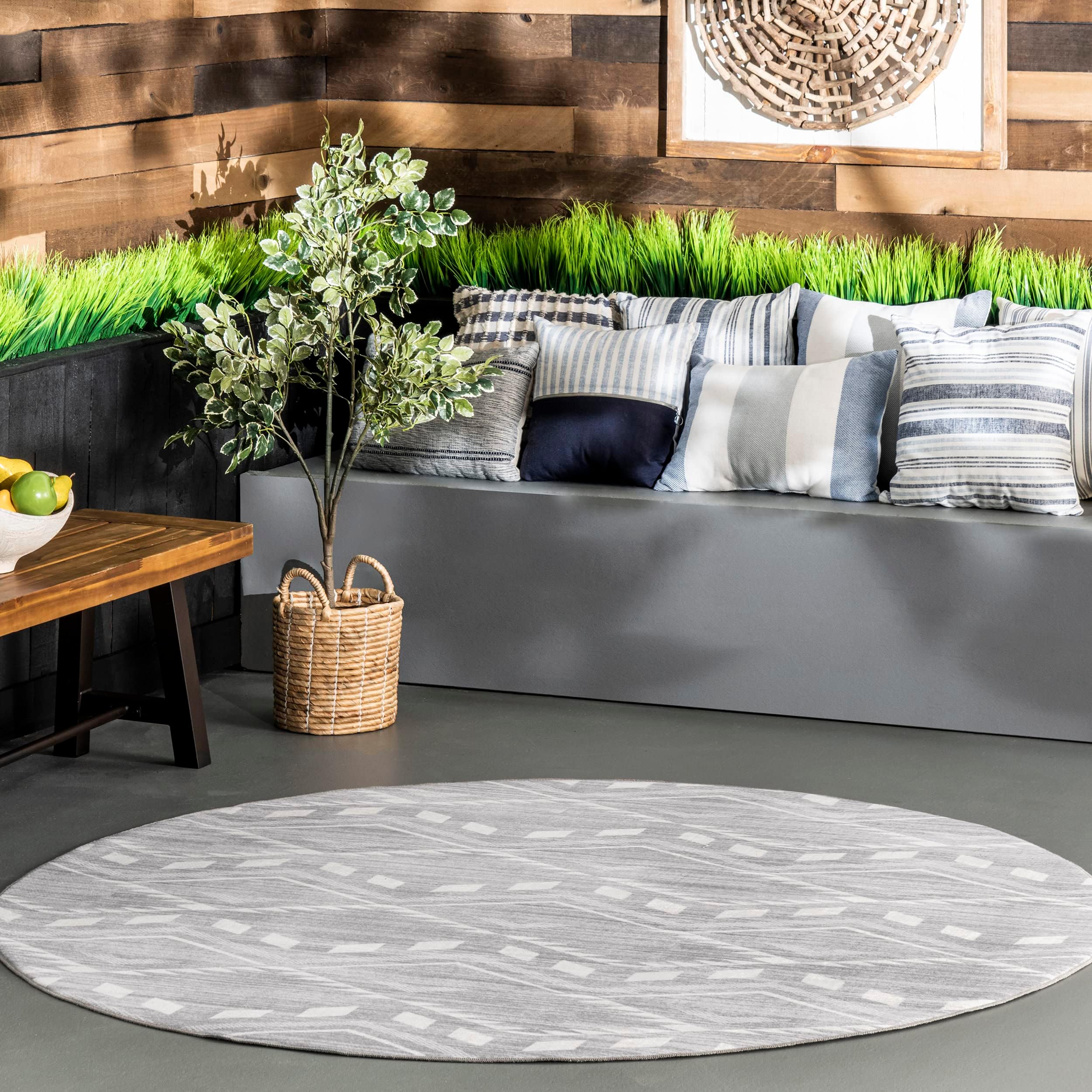 nuLOOM Joni Tribal Machine Washable Indoor/Outdoor Area Rug, 6' Round, Grey