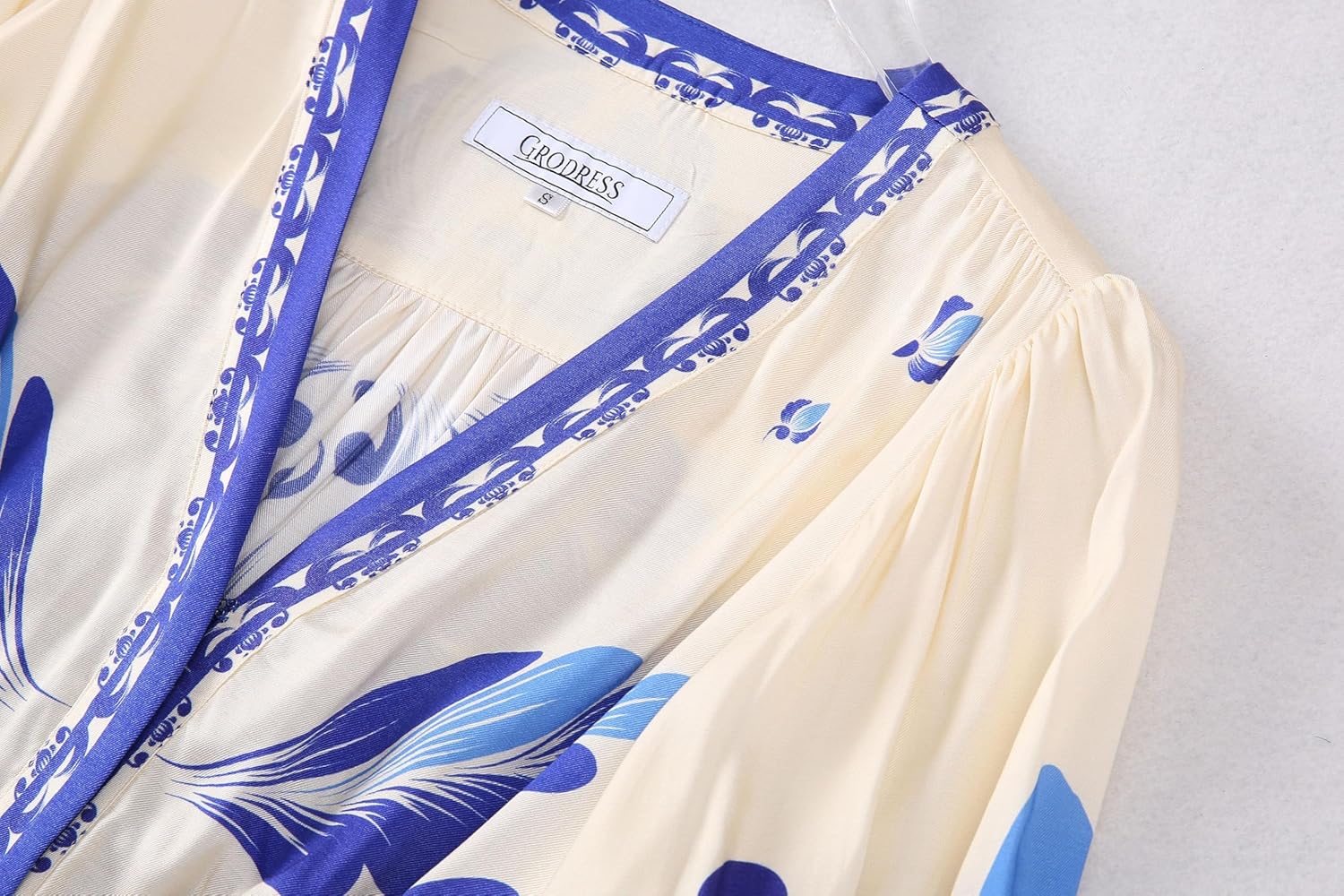 Women's V-Neck Floral Collar Elegant Blue-and-White Porcelain Long-Sleeve Printed Maxi Dress