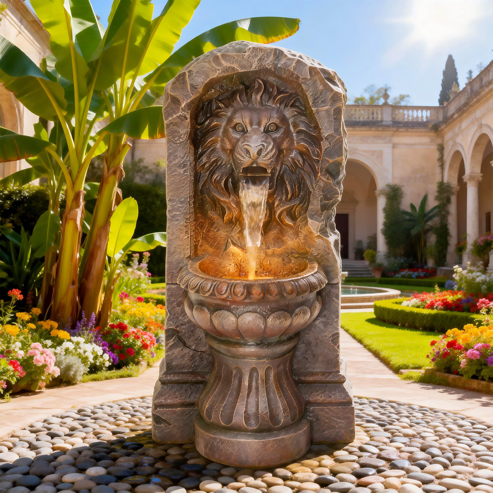 Autodaya 30" Lion Head Outdoor Water Fountain, Rustic Tiered Waterfall Fountain with LED Lights, Weatherproof Resin Freestanding Fountain for Garden,
