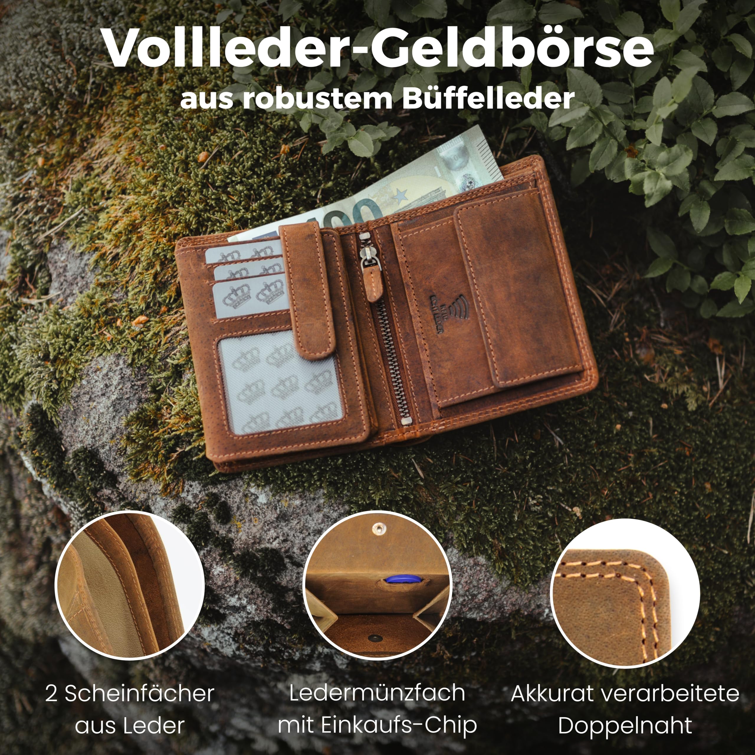Baur Herren Geldbörse – Echtes Büffelleder mit RFID-Schutz – Großes Vollleder-Portemonnaie im Hochformat mit 12 Kartenfächern und großem Münzfach (Hochformat mit Druckknopf innen, Braun)