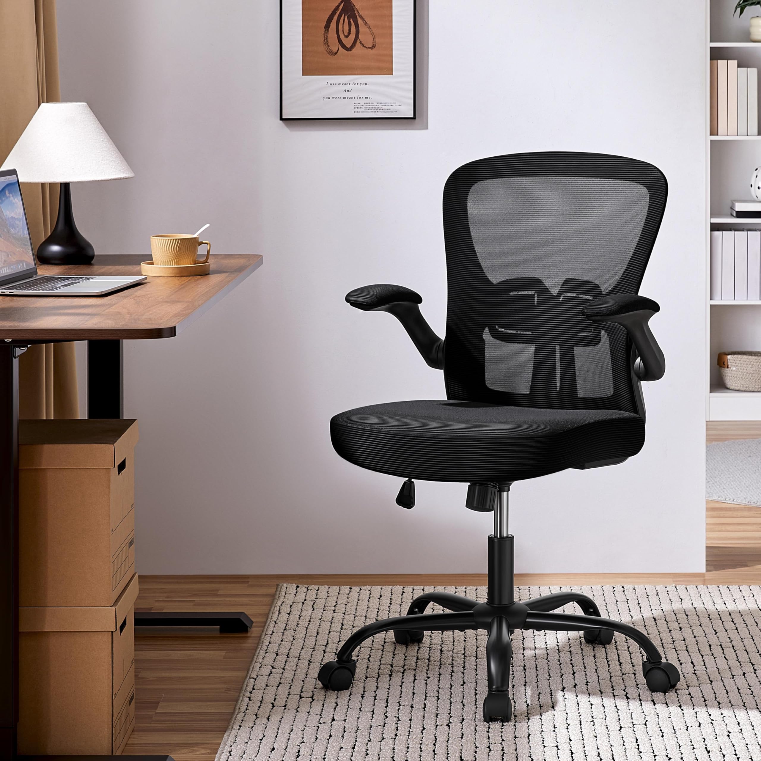 Sedia da Ufficio con Supporto Lombare, Sedia Scrivania Ergonomica con Braccioli Regolabili in Rete Traspirante, Altezza Regolabile e Schienale Inclinabile con Ruote Girevoli Nero