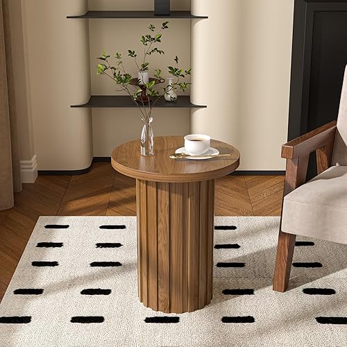 Miniatura 7 de Mesa auxiliar de pedestal de granja, mesa auxiliar redonda con panel estriado, mesa rústica para bebidas para sala de estar de espacio pequeño