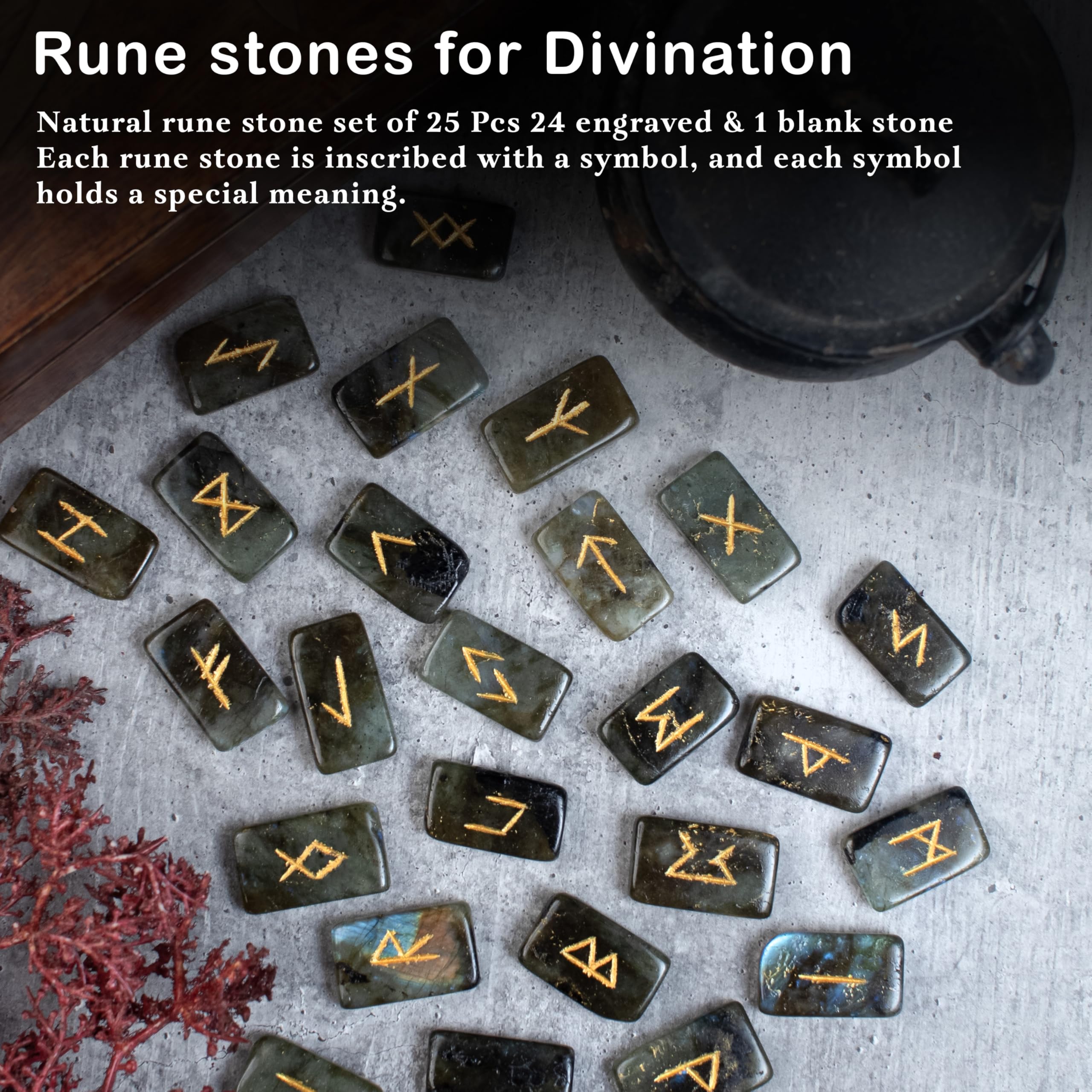 Labradorite Rune Stones Set - 25pc Elder Futhark Engraved Gemstones ...