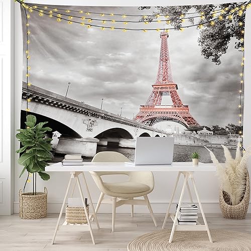 Miniatura 6 de Ambesonne Tapiz de París, puente de la torre Eiffel, capital, paisaje nublado, impresión de imagen de estilo monocromático, colgante de pared ancho