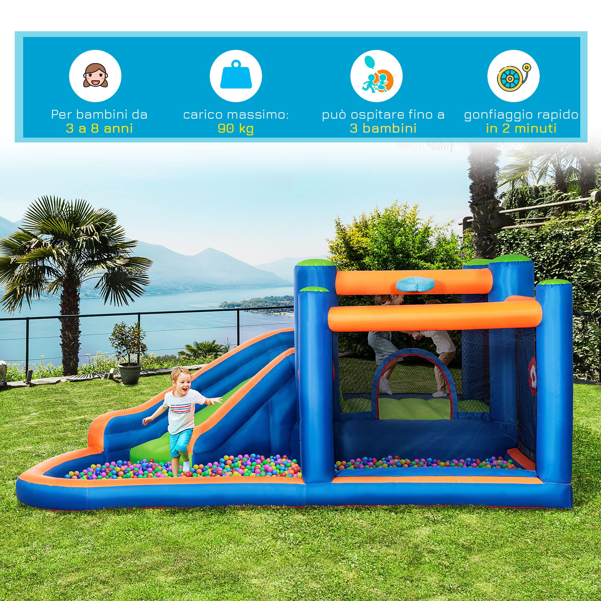 Outsunny Castello Gonfiabile per Bambini 3-8 Anni con Scivolo, 380x340x170cm
