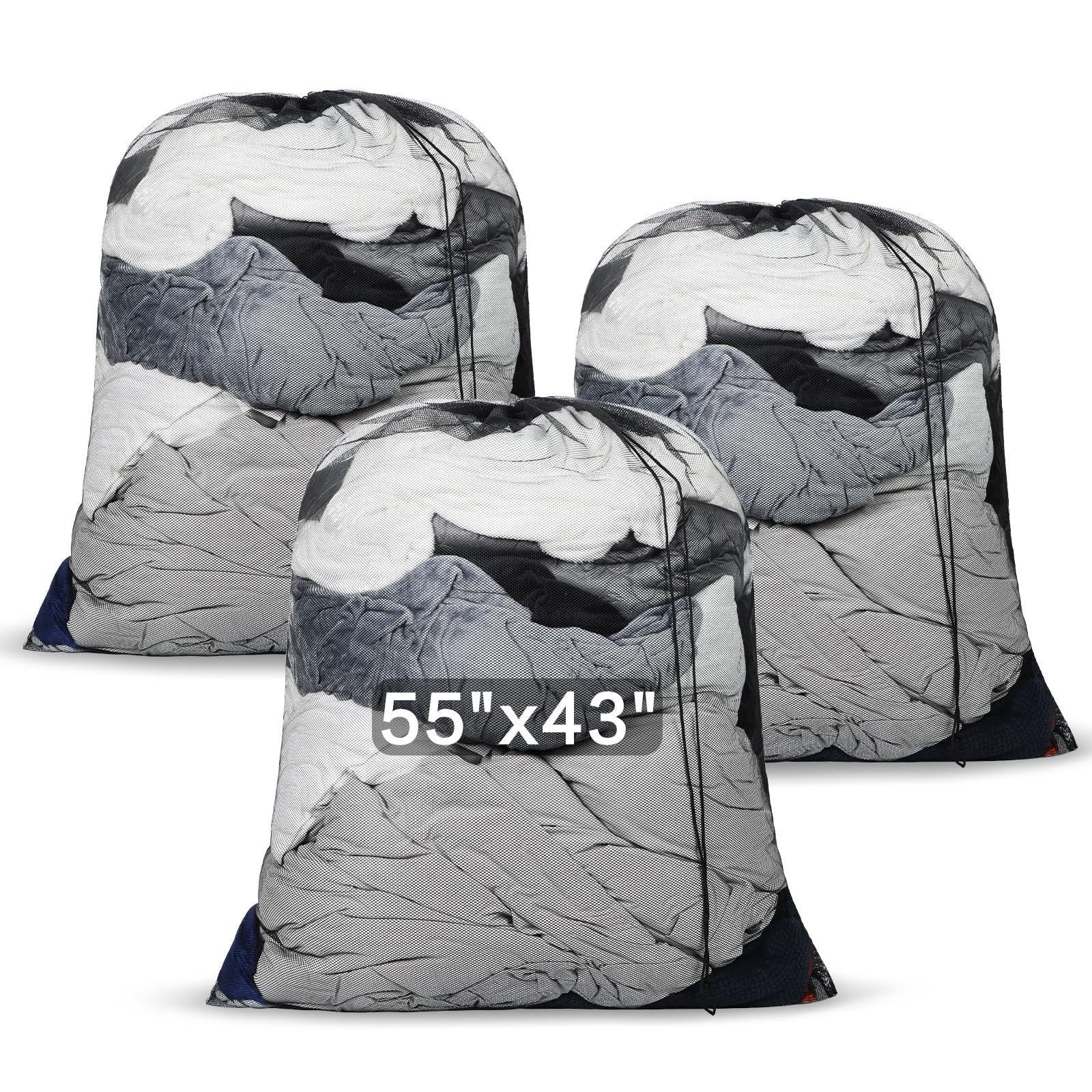 Locmeo 3 Pack Mesh Laundry Bags Extra Large 55" x 43" Sturdy Material Laundry Liner with Drawstring Closure Black Washable Hamper Liner for Factories