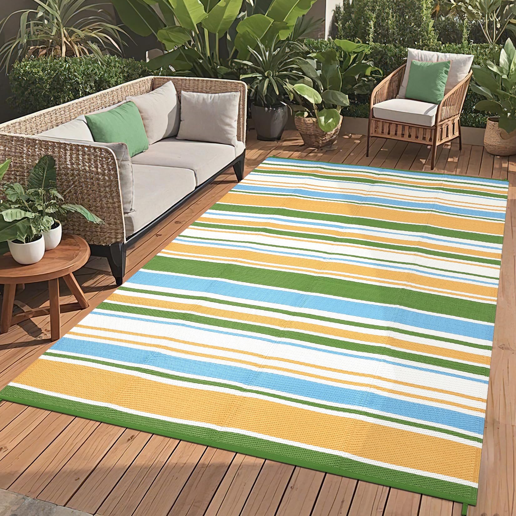 Garvee Tappeto Da Esterno in PP Intrecciato 320 Gsm - Reversibile, Impermeabile, Pieghevole e Leggero, Grande Tappeto Per Patio/Deck/Balcone/RV/Campeggio, Giallo/Blu/Verde/Bianco