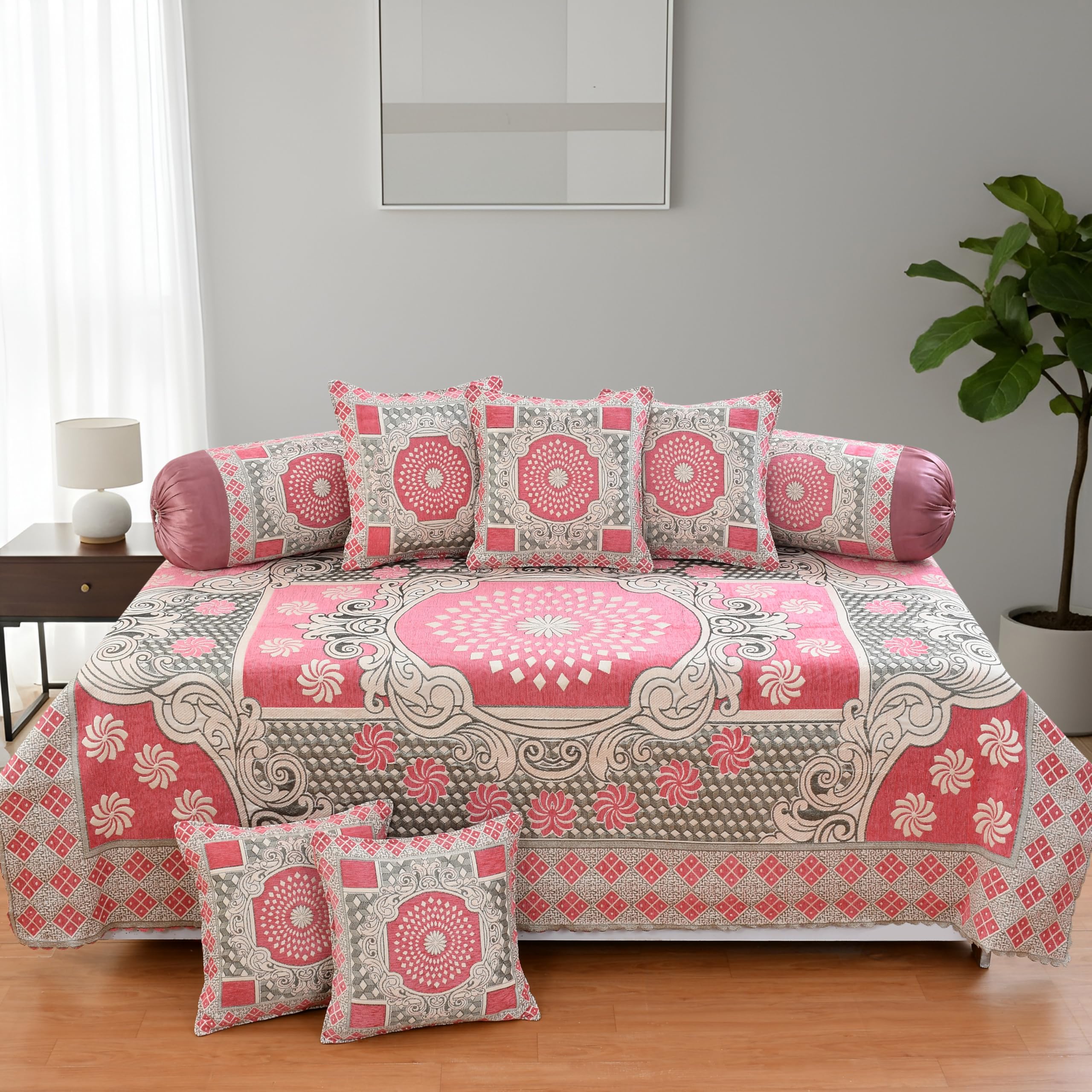 Luxury Velvet Diwan Bedsheet with 5 Cushion Covers and 2 Bolster Covers – Designer Sofa DiwanCover Set for Living Room (Pink, Velvet Diwan Set (1+2+5)-picture-12