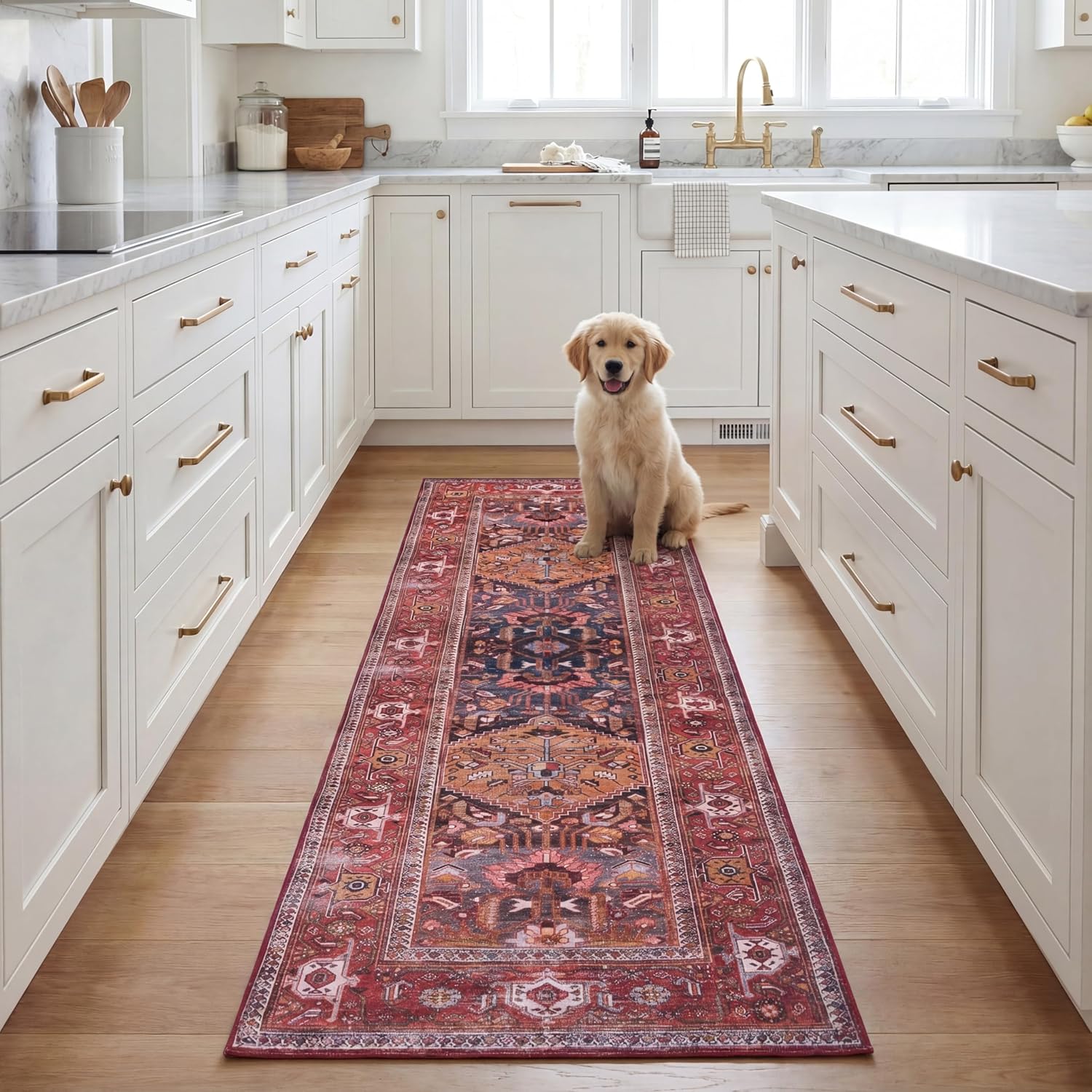 SAFAVIEH Washable Rug Tucson Collection - 2'6" x 16' Runner, Navy & Rust, Slip Resistant & Easy to Clean, Ideal for Living Room, Hallway, Foyer, Entryway, Bedroom (TSN127N)