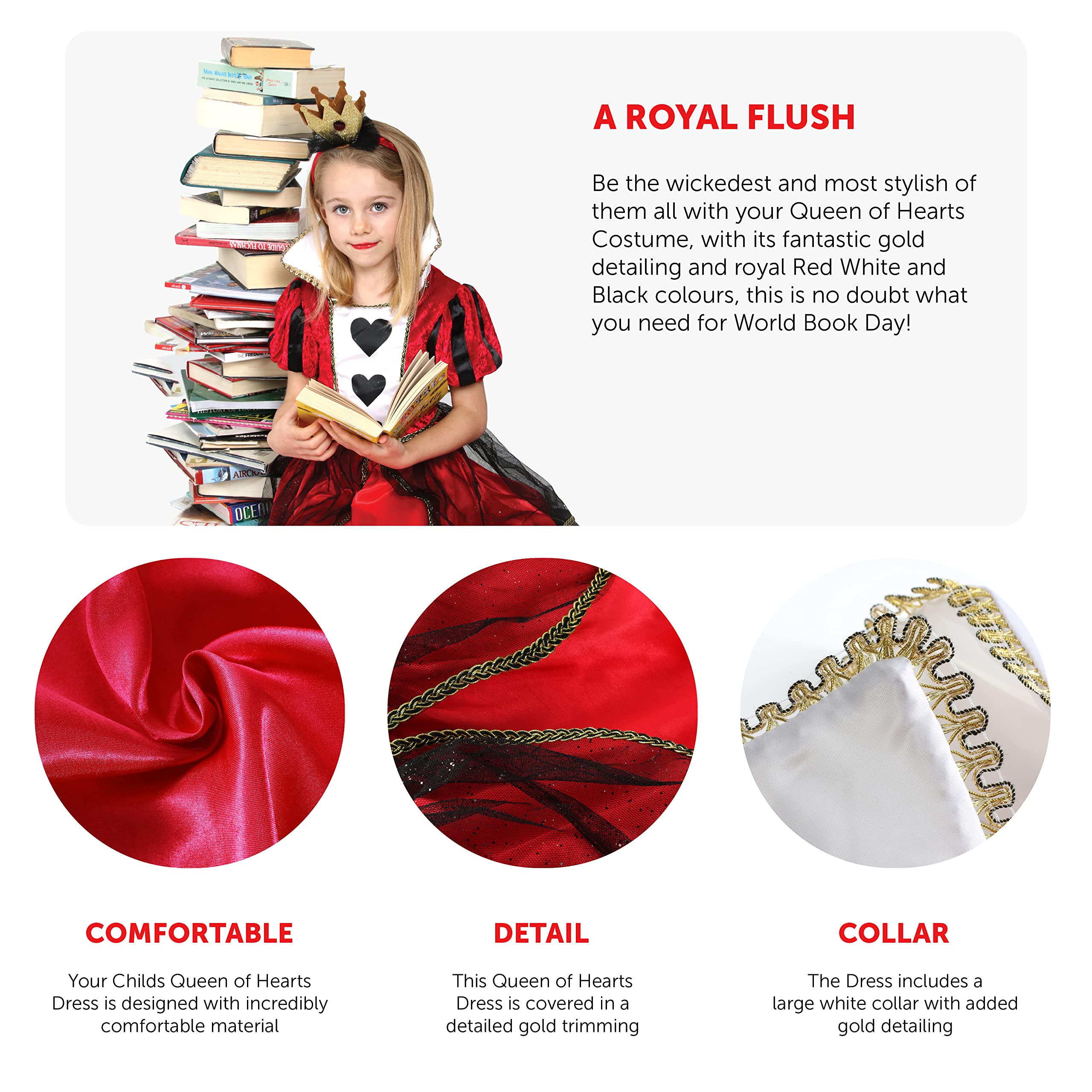 Meisjes Hart Koningin Kostuum - Klein - Rode Jurk met Hart Detailing, Gouden Kroon op Hoofdband en Gestreepte Panty - Kinderen Wereld Boek Dag Boek Week Fancy Dress Kostuum