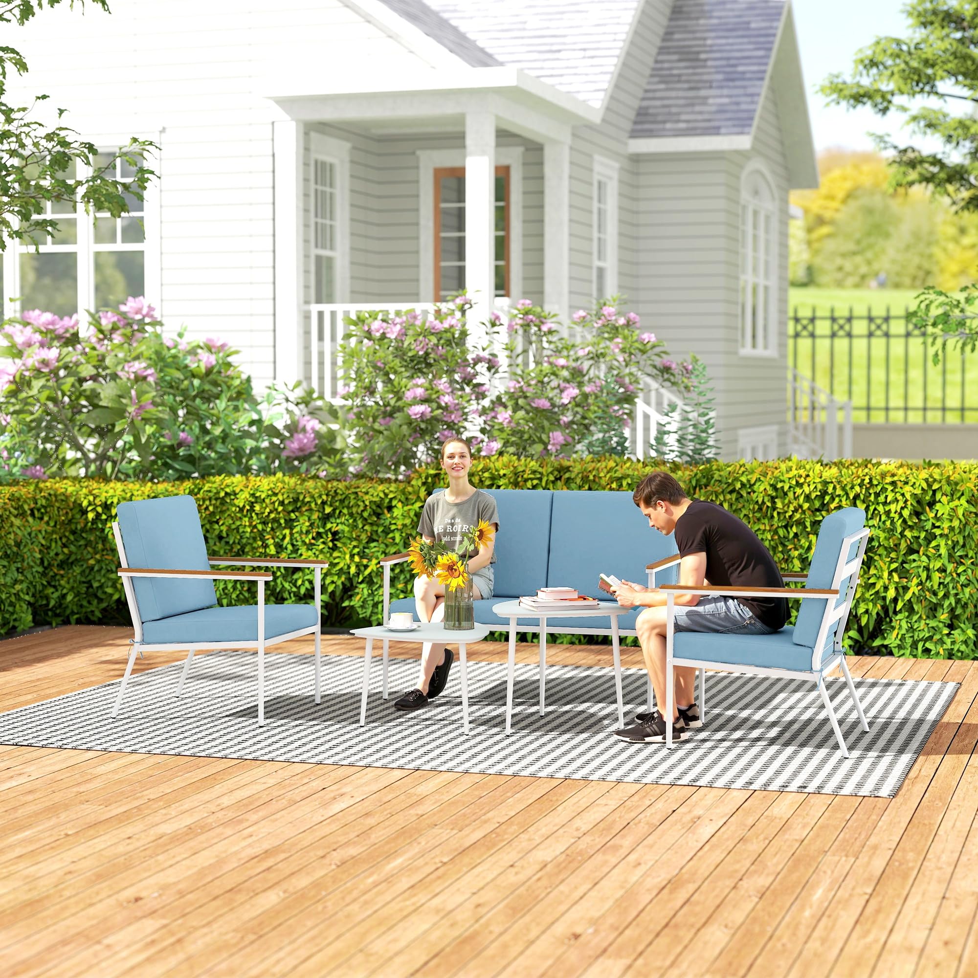 Outsunny Set Salotto da Giardino 5 Pezzi con Divanetto 2 Posti, Poltrone e Tavolino in Vetro, Azzurro