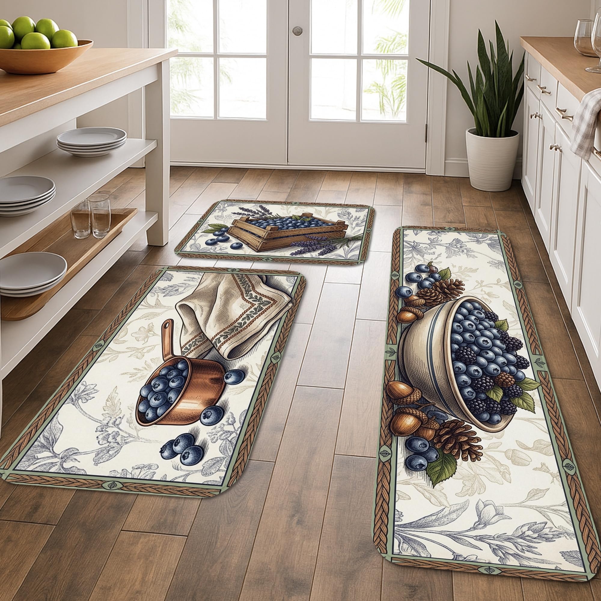 Tapis de cuisine lavables pour sol glissant : lot de 3 tapis épais bleus et rustiques