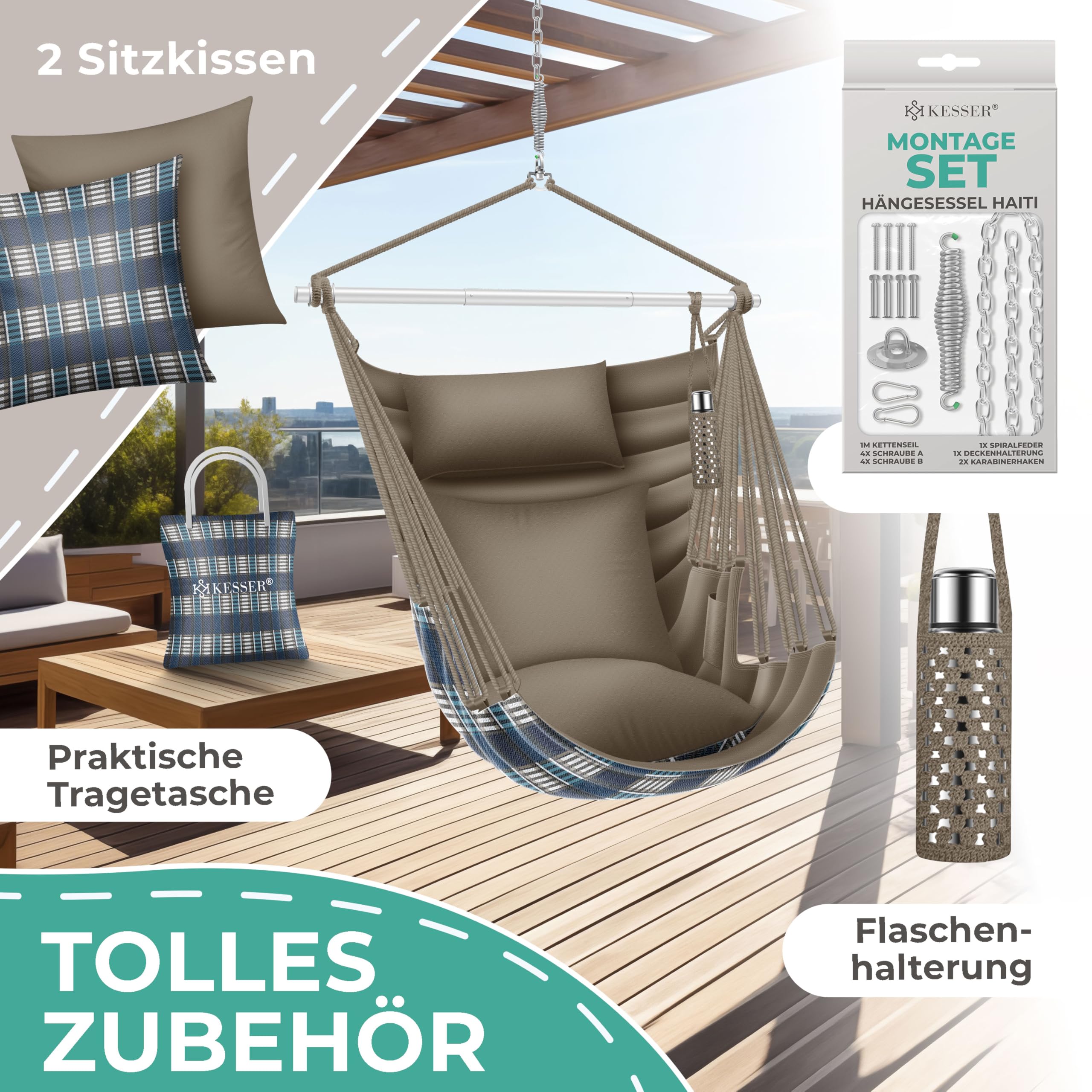 KESSER Chaise suspendue Haïti, capacité de charge de 150 kg, chaise suspendue rotative à 360°, balançoire suspendue intérieure extérieure résistante aux UV et imperméable, facile à entretenir, avec