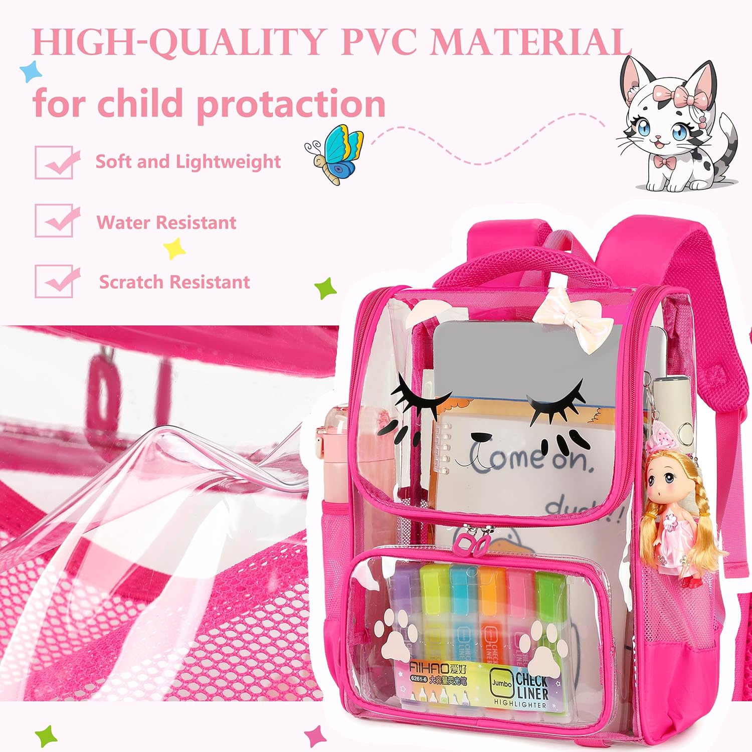 AO ALI VICTORY clear backpack Girls with Tote Bag Heavy Duty PVC Transparent Cute Backpack for Kids Toddler Preschool Bookbags Elementary School Bags See Through Casual Travel Daypack, rose-red-set1