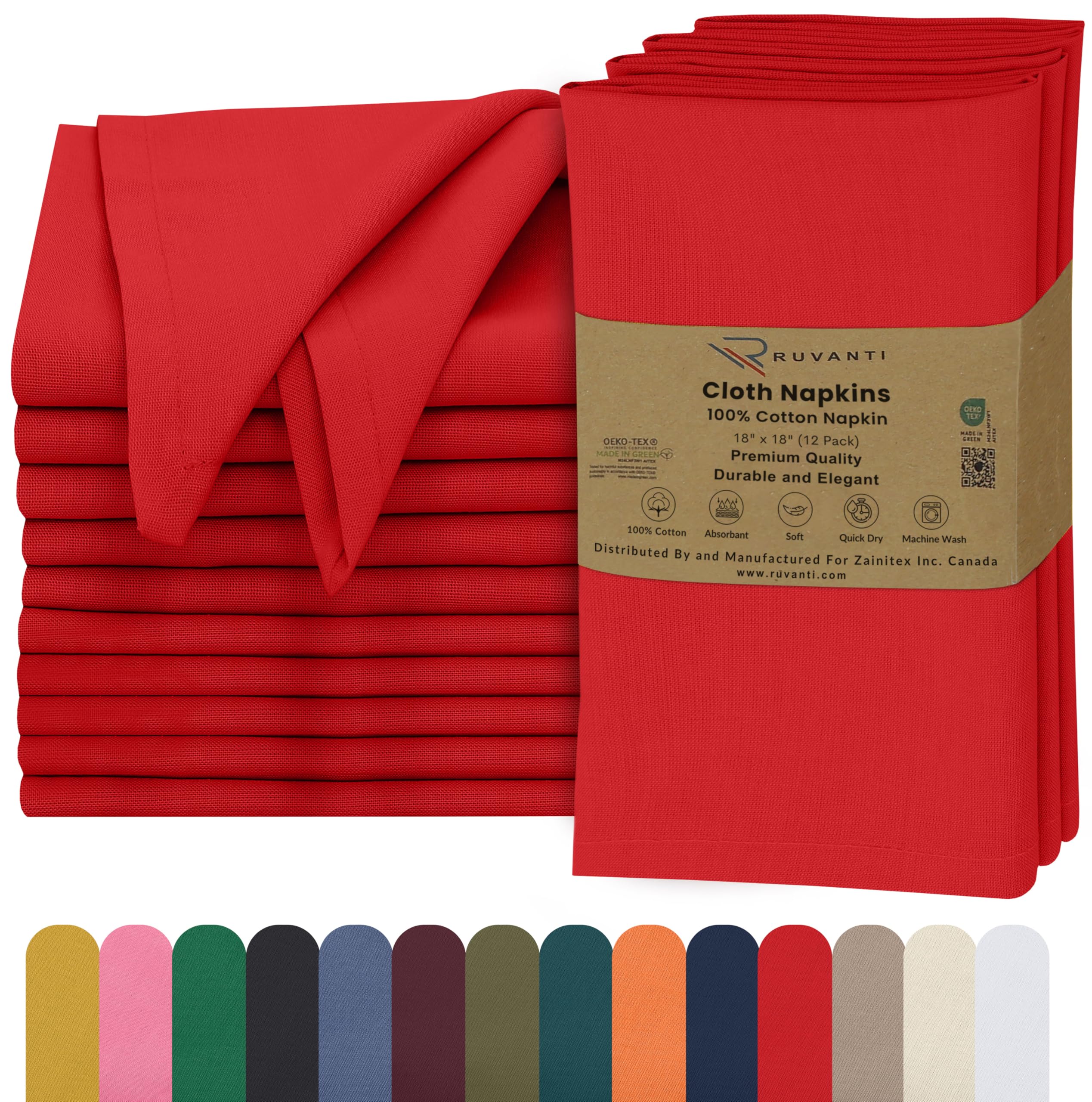 Ruvanti Juego de 12 servilletas de tela de 18 x 18 pulgadas, lavables, suaves y absorbentes, 100 % algodón, perfectas para bodas, servilletas de Navidad, Acción de Gracias, servilletas de cena, color