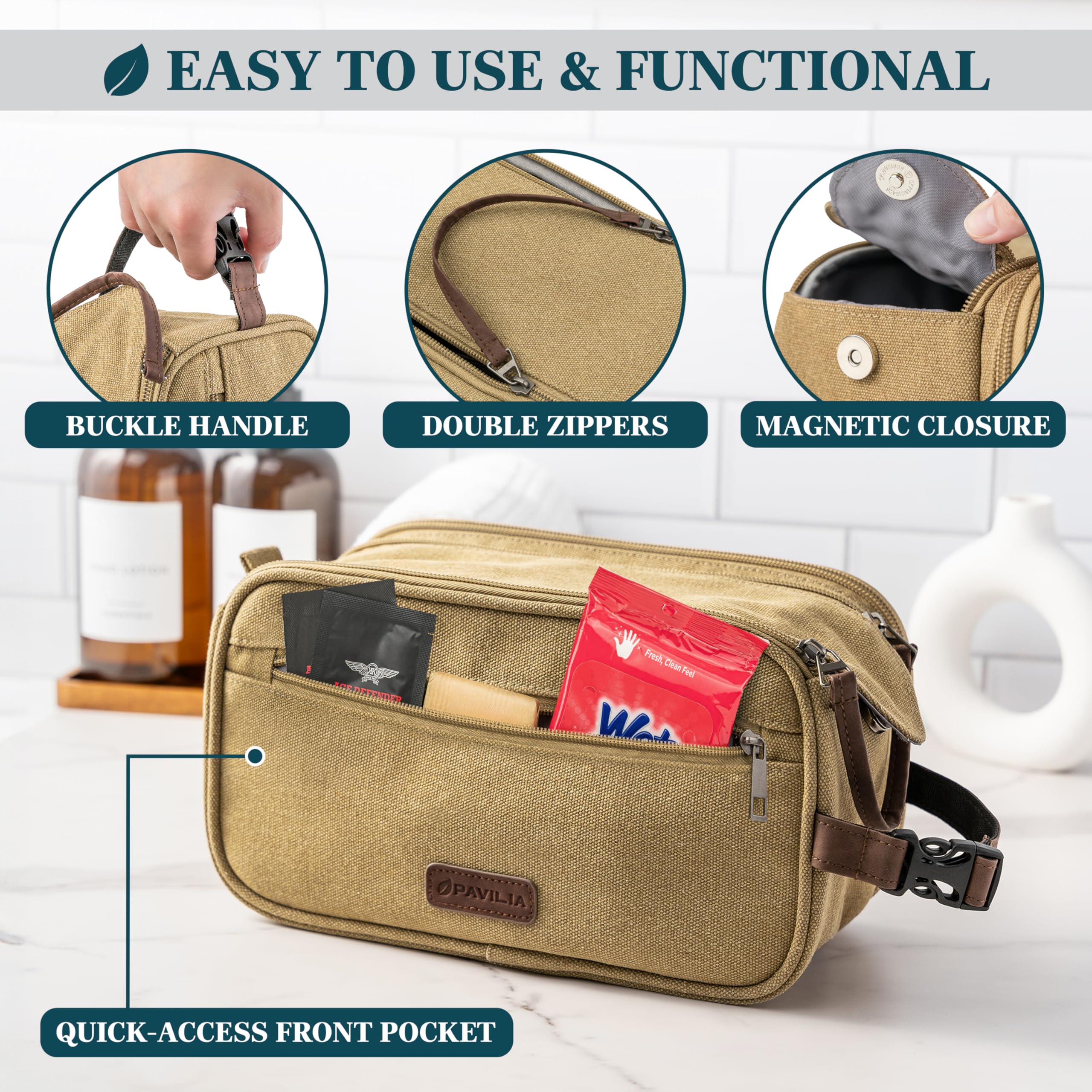 PAVILIA Kulturbeutel für Herren und Damen, Segeltuch, Reiseutensilien, Organizer, wasserabweisend, Rasur, Pflegeset, großes hängendes Badezimmerzubehör, Kosmetiktasche, Khaki, Large (10.5x 5.5x 6
