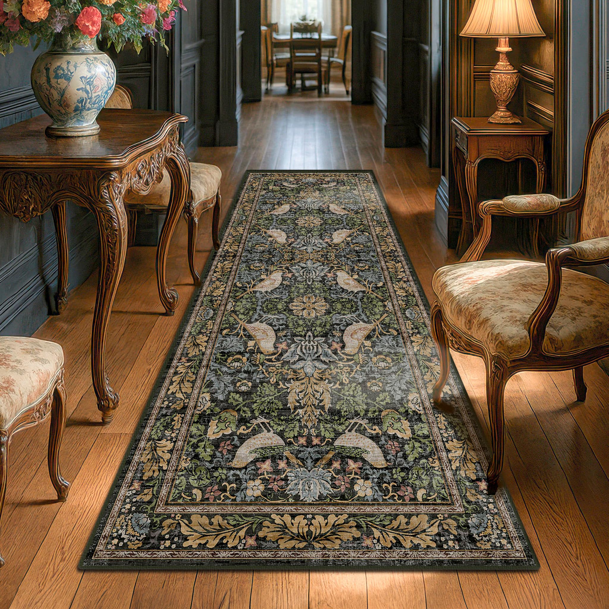 Vintage Runner Rugs for Hallways - 2'6"x8' Wide Kitchen Runners, Entryway Rug, with Flowers and Leaves, Washable Non Slip Low Pile