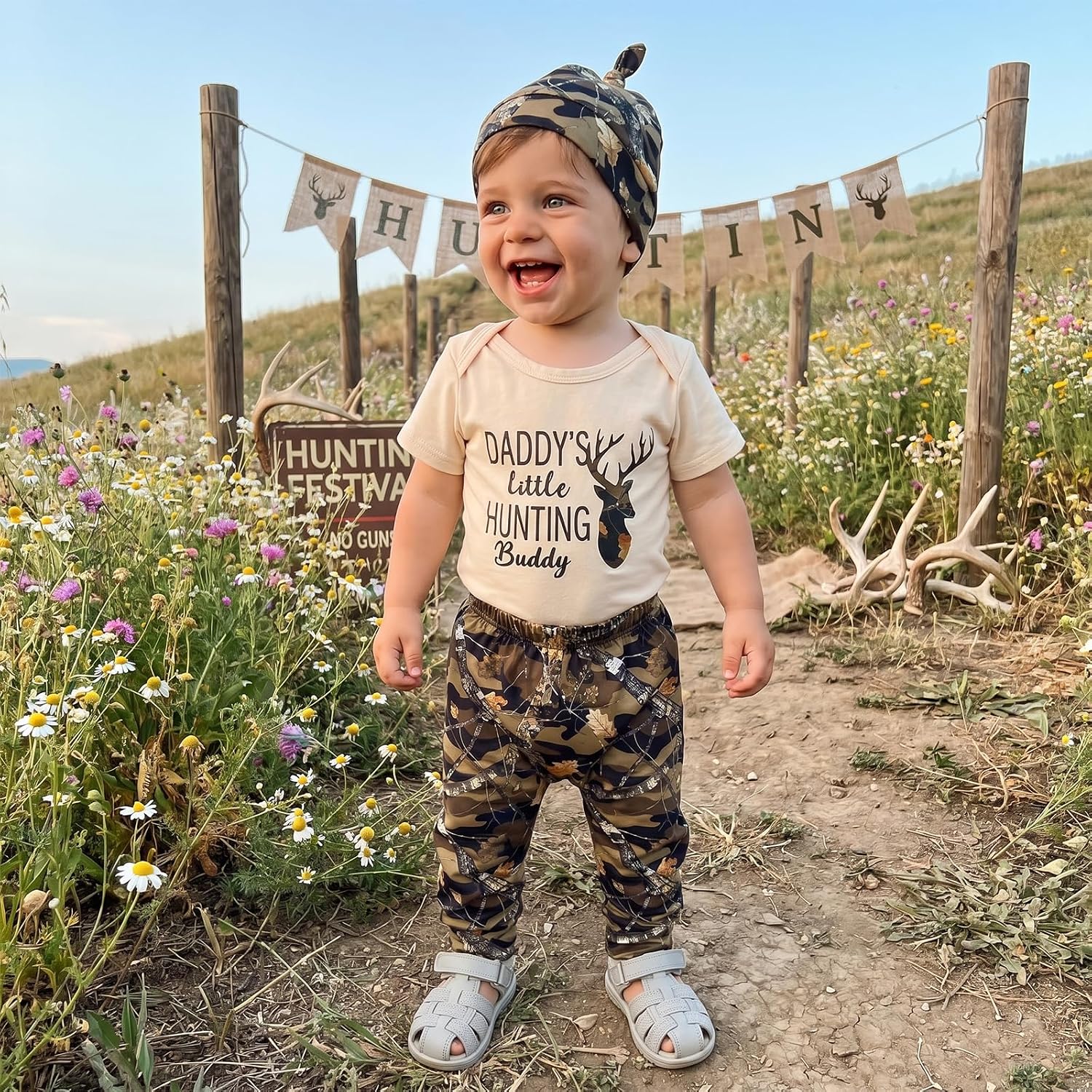Newborn Baby Boy Summer Clothes Daddy’s Hunting Buddy Deer Printed Short Sleeve Romper Pants Hat 3PCS Set