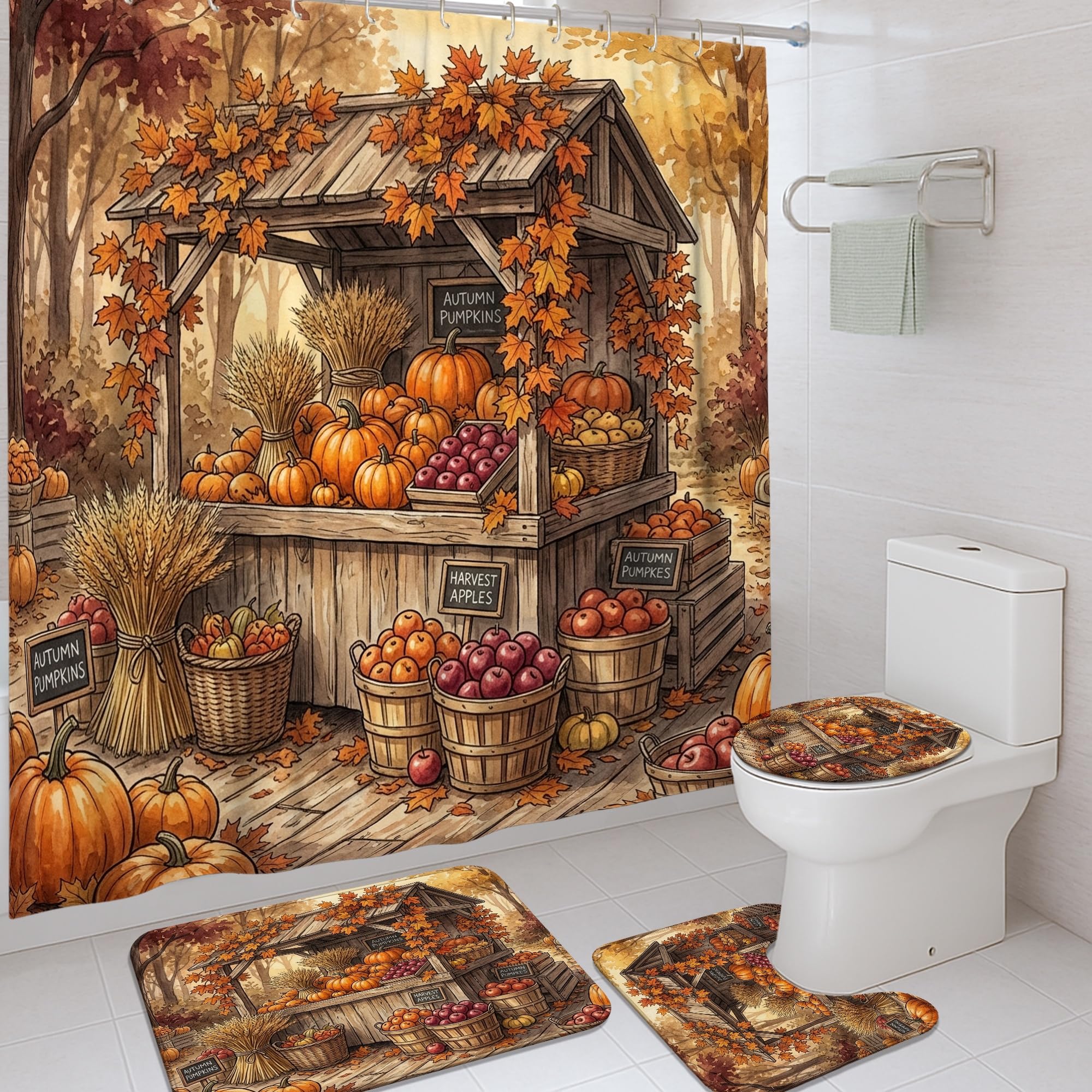 Rideau de douche lavable citrouilles orange et son tapis pour éviter les éclaboussures de bain